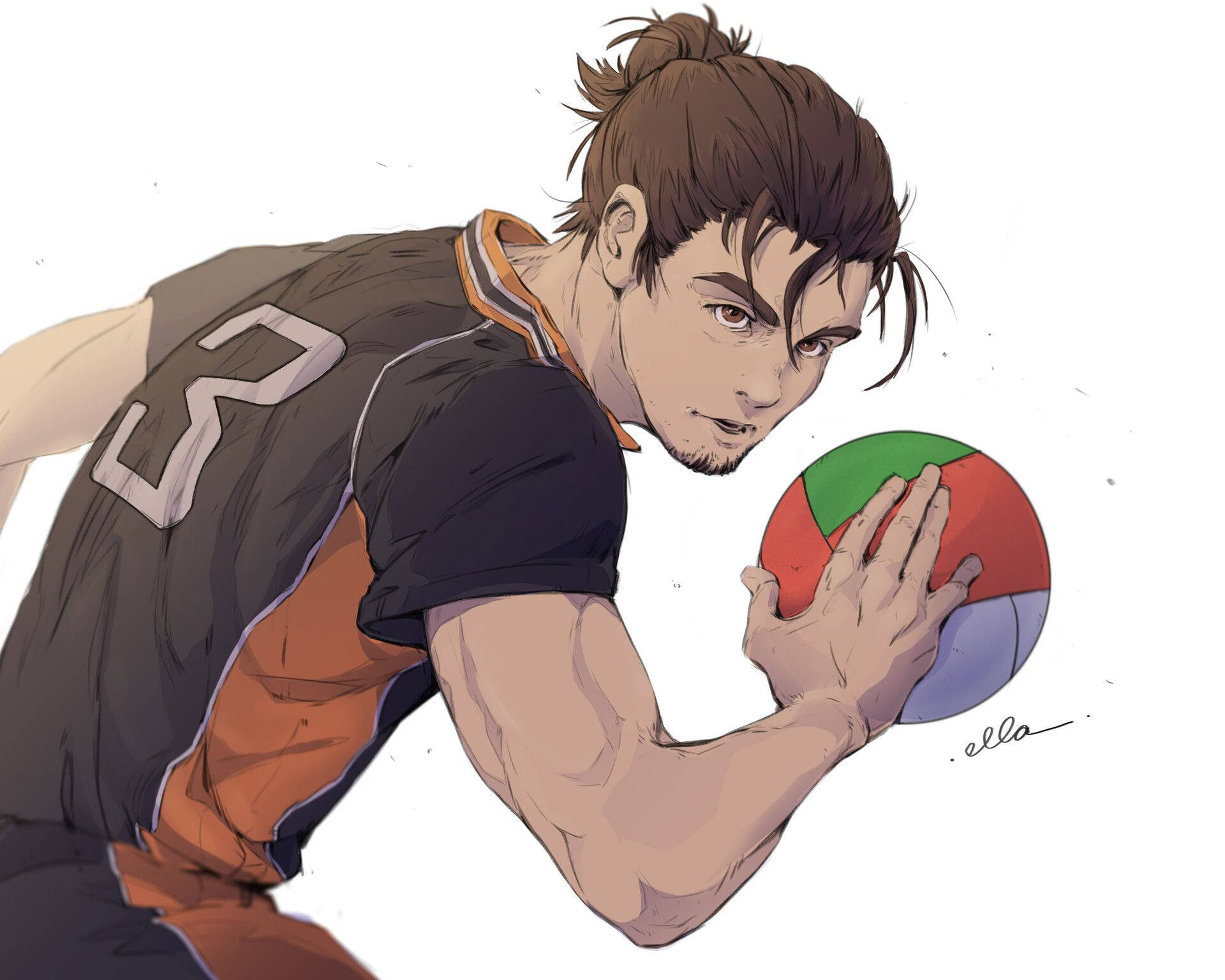 動漫男性排球運動員以運動姿勢拿著一個色彩繽紛的球。