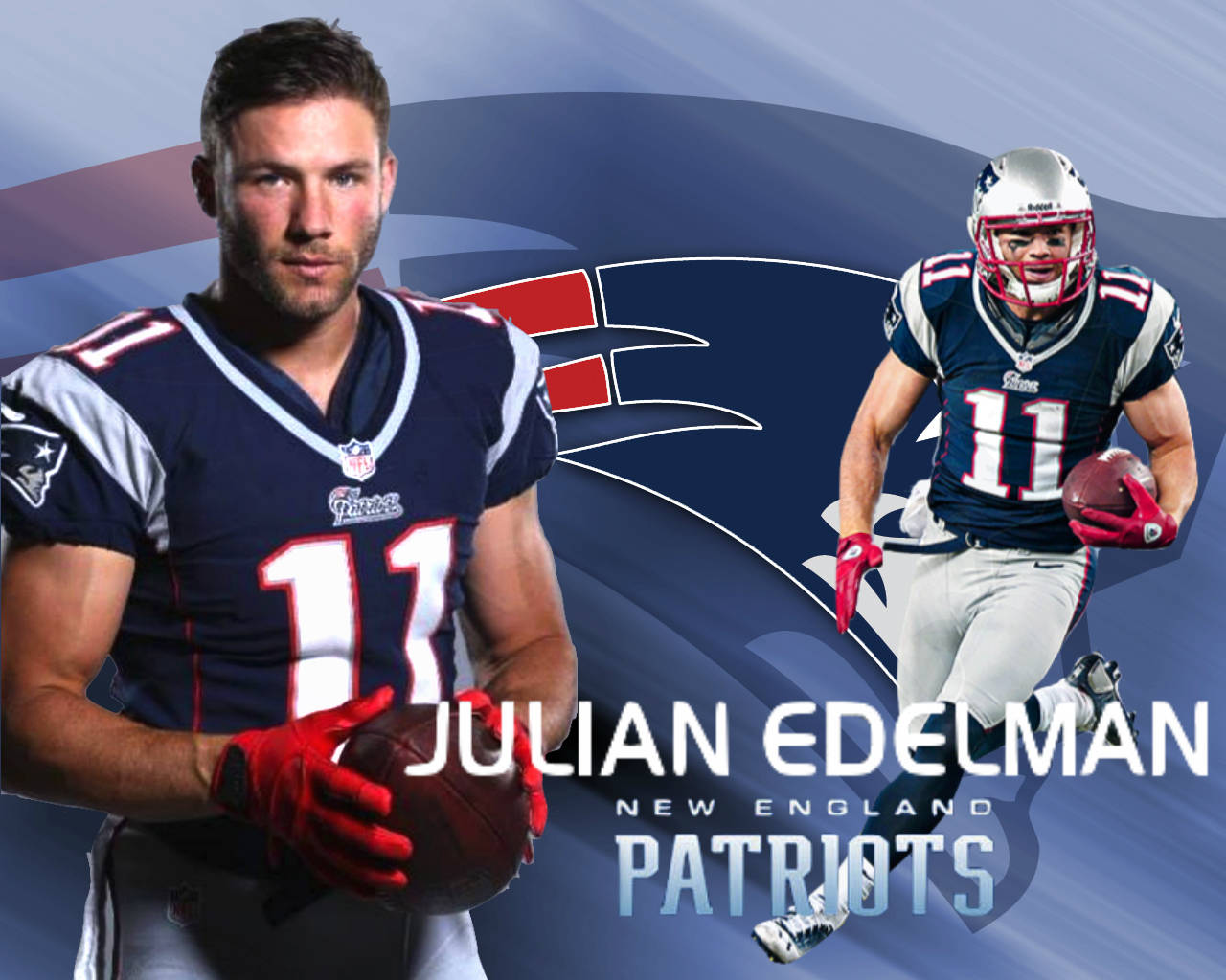 Julian Edelman 新英格蘭愛國者隊足球運動員身穿制服手持球。