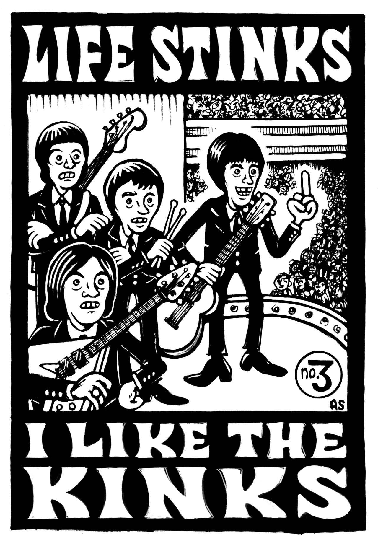 熱愛 The Kinks 的樂迷展示海報 壁紙 — 一張黑白龐克搖滾海報，展示一支表情誇張的樂隊在舞台上表演，上方有「LIFE STINKS」和「I LIKE THE KINKS」文字。