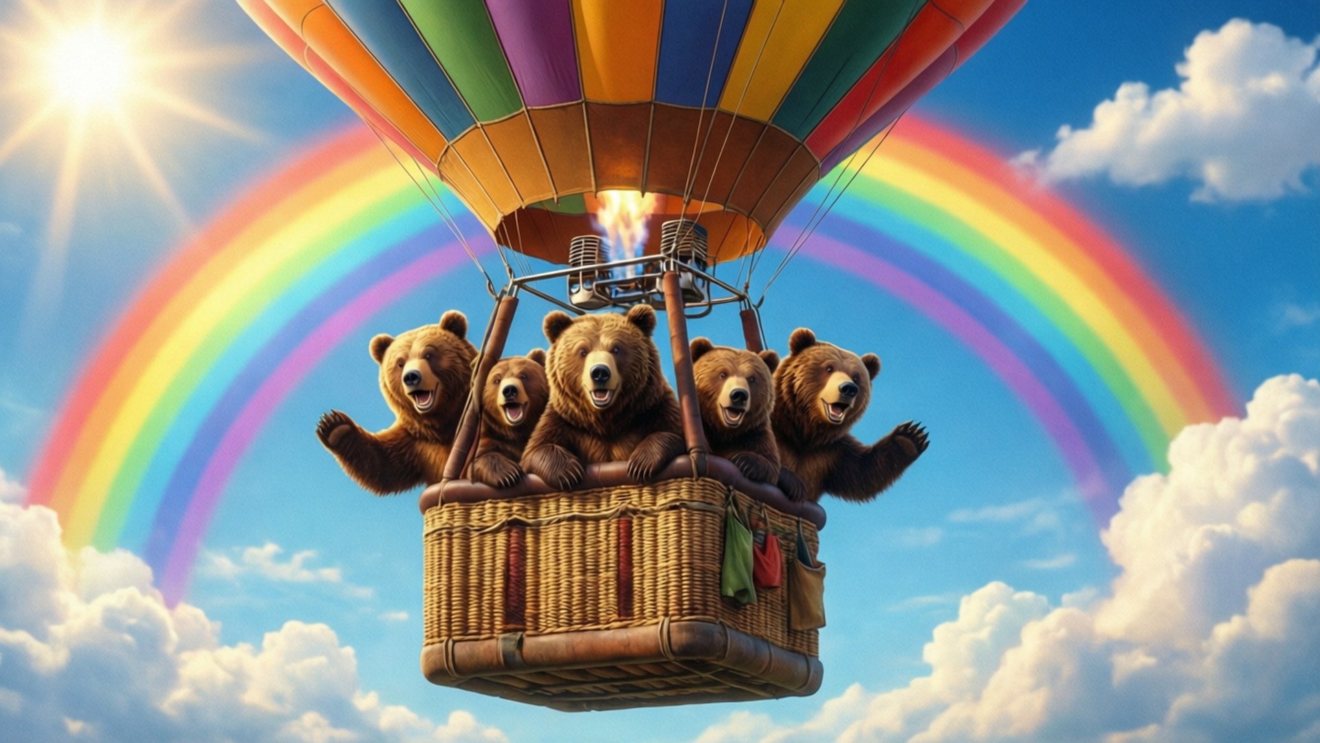 熱氣球啤啤熊 壁紙 — 四隻快樂的熊從彩虹色的熱氣球中揮手，氣球在雙彩虹和明亮的太陽下飄揚。