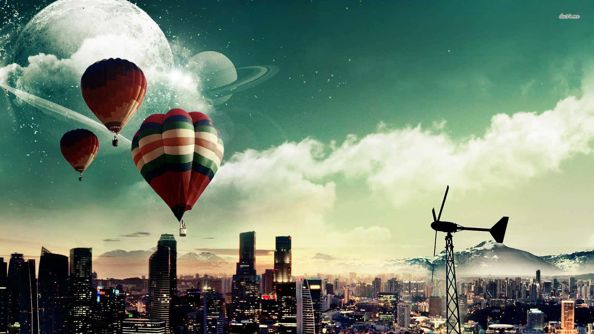熱氣球 桌布 壁紙 — 熱氣球在一個有行星和雲的超現實天空下，飄浮在未來城市天際線之上。