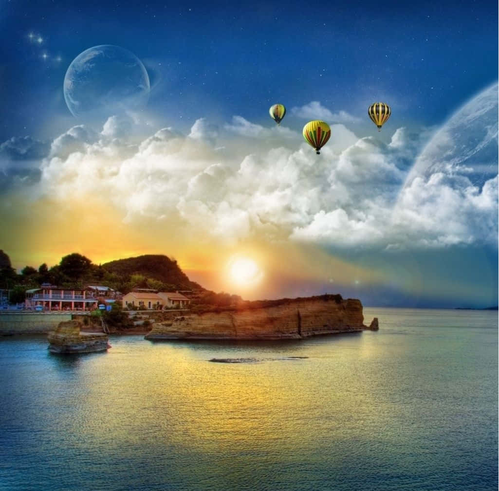 dreams 桌布 壁紙 — 熱氣球在海岸日落上空飄浮，超現實的天空中出現行星和星星。