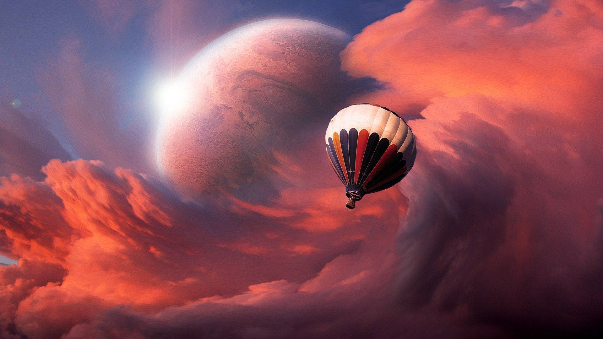 熱氣球在日落時分飄過雲層，靠近一個發光的外星世界。