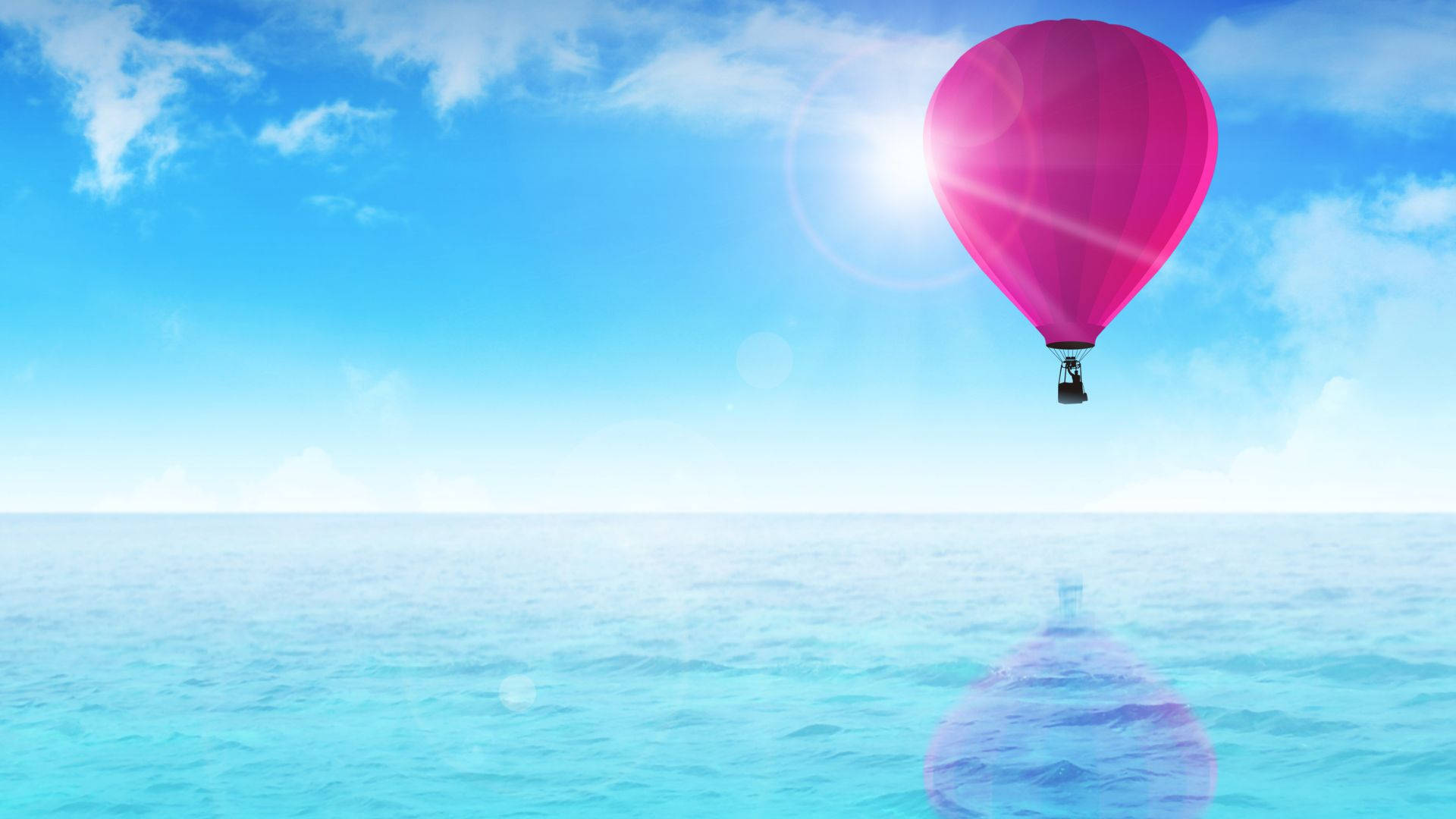 熱氣球海上之旅 壁紙 — 一個充滿活力的粉紅色熱氣球在明亮的藍天下，在碧綠的海水上寧靜地漂浮，帶有太陽耀斑。