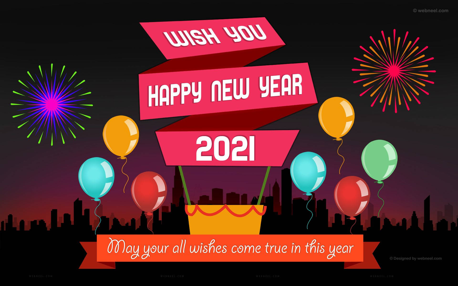 2021年新年快樂祝福，配有氣球、煙花和暮色中的城市天際線。