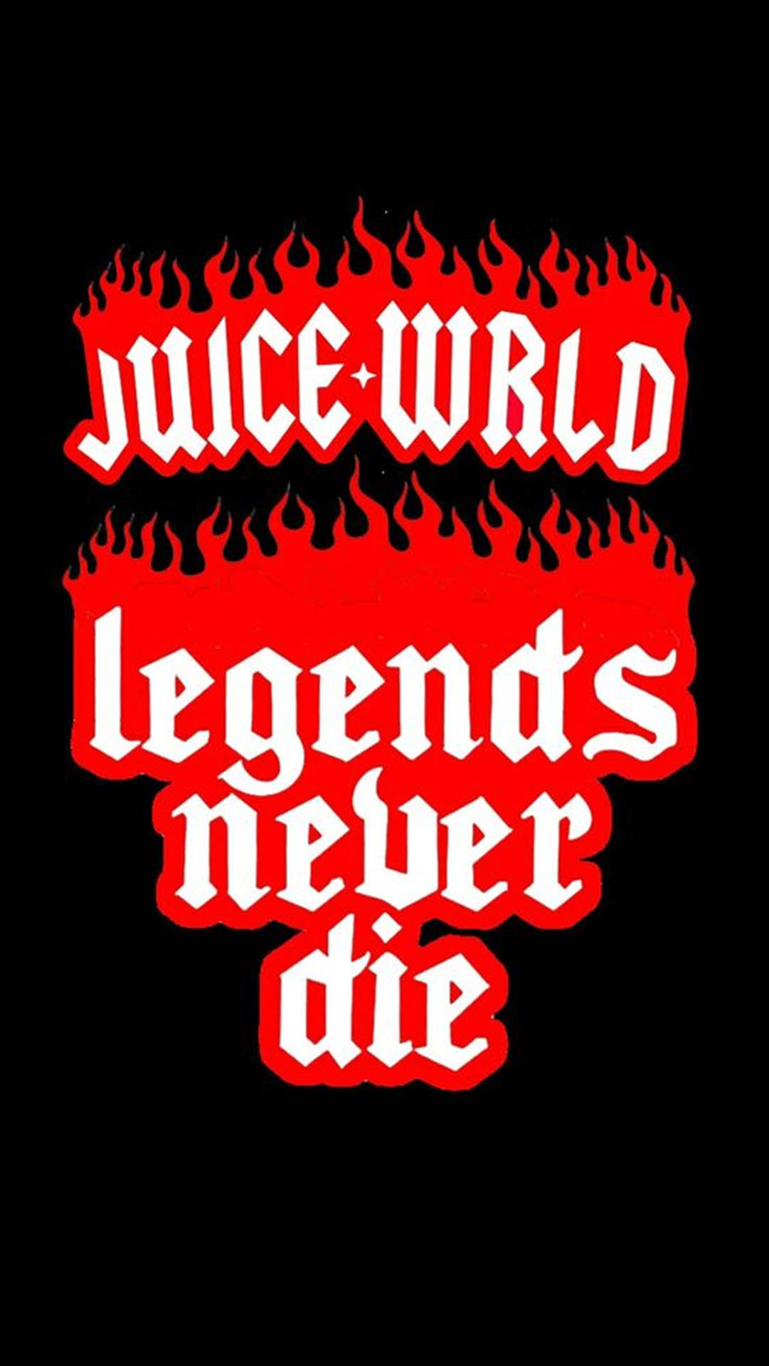 熱焰紅色Juice WRLD標誌 壁紙 — 粗體紅色火焰形文字在純黑背景上寫著「JUICE WRLD」和「legends never die」。