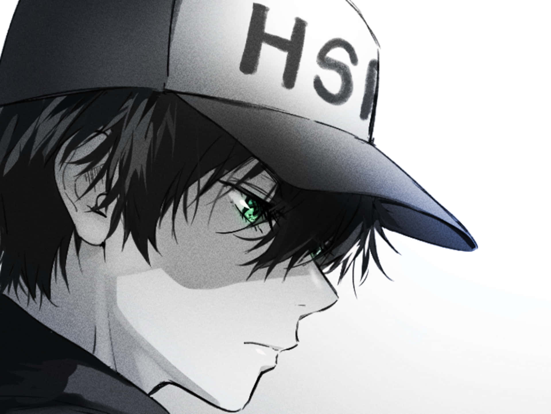 動漫男孩，綠色眼睛，戴帽子，單色風格