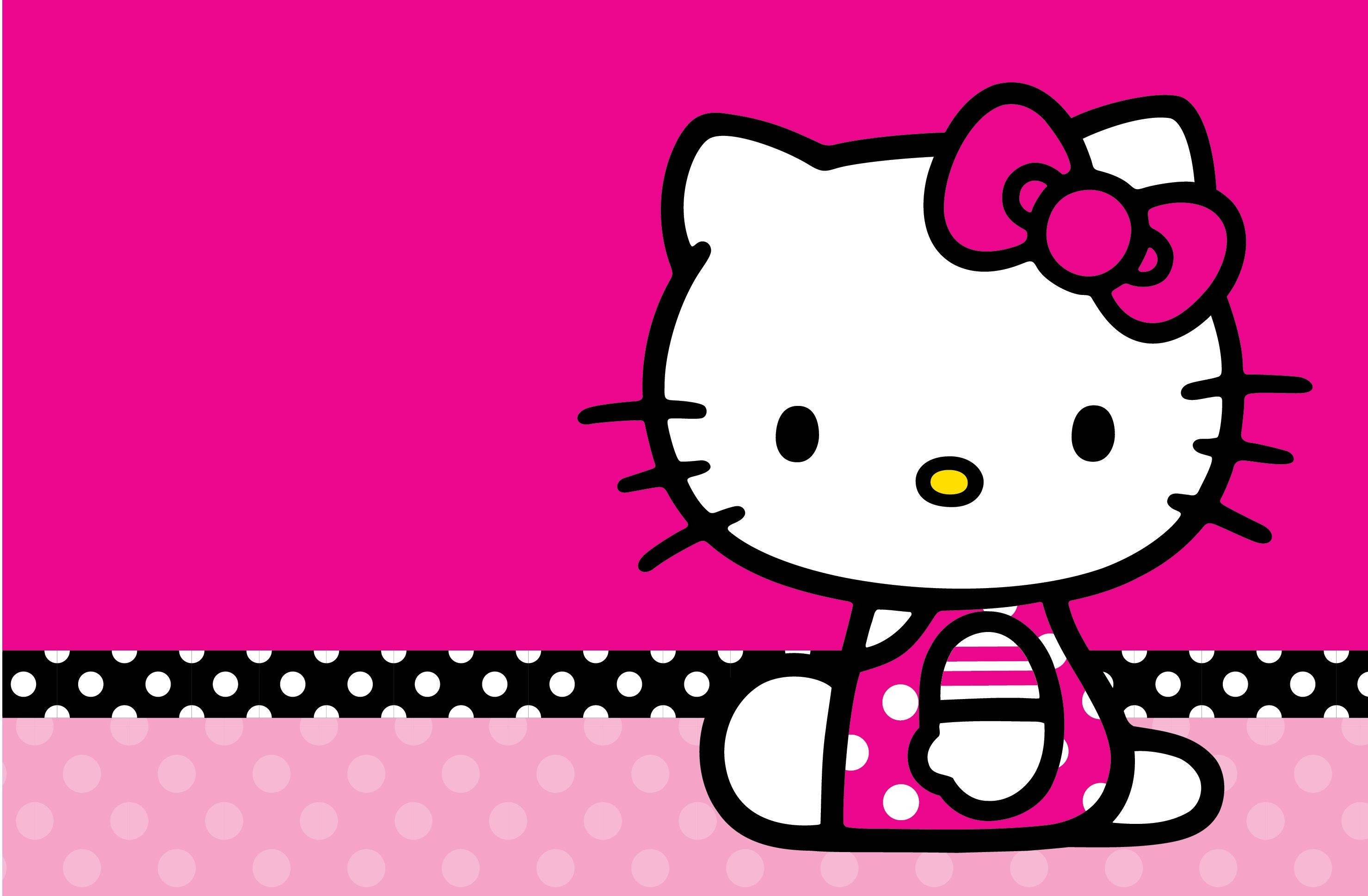 熱粉 Hello Kitty 桌面 壁紙 — Hello Kitty 身穿粉紅色圓點服裝，在充滿活力的紫紅色背景上，帶有黑白圓點邊框，微笑著坐著。