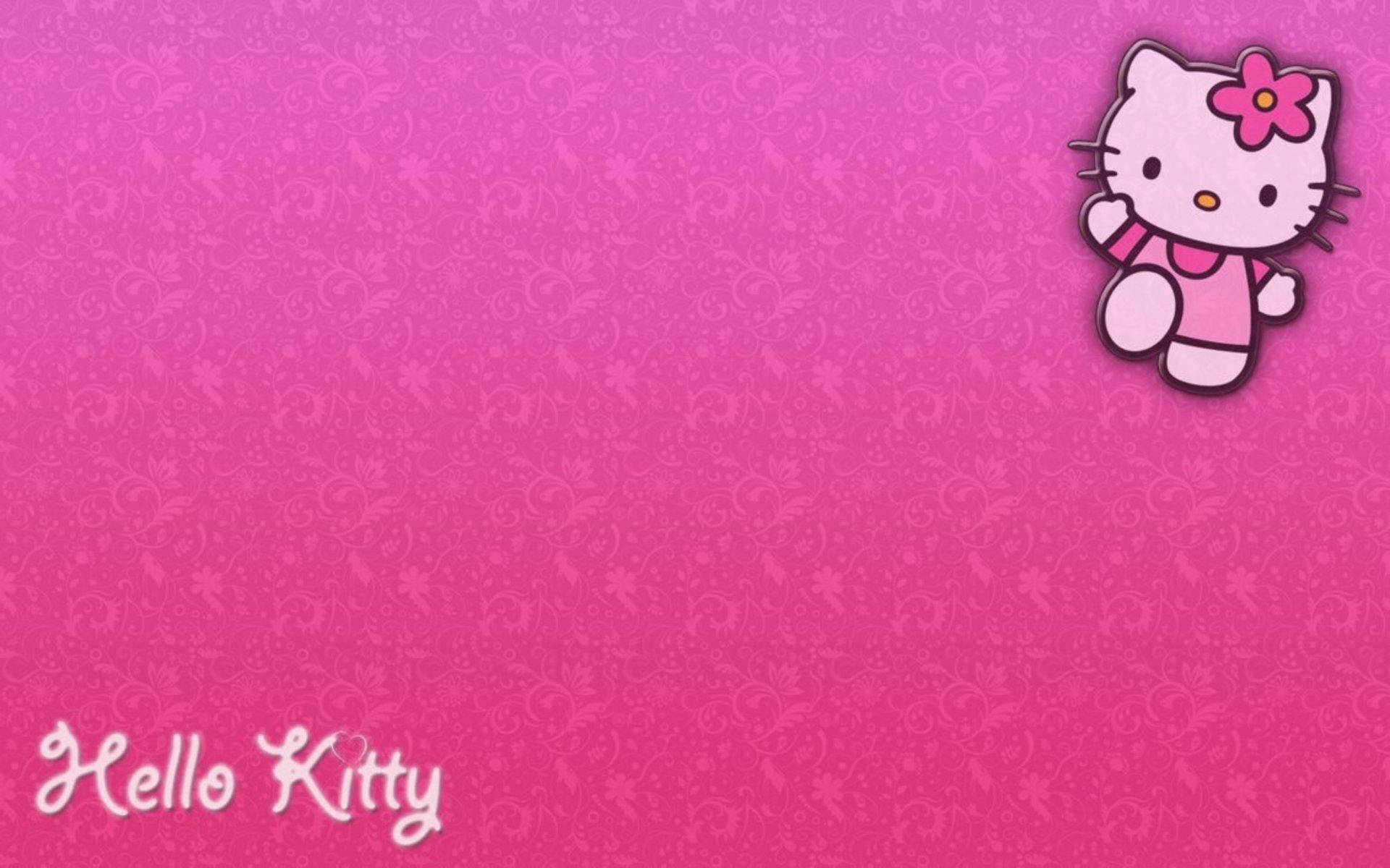 Hello Kitty 卡通角色穿著粉紅色連衣裙，戴著花朵頭帶，在粉紅色漸變背景上。