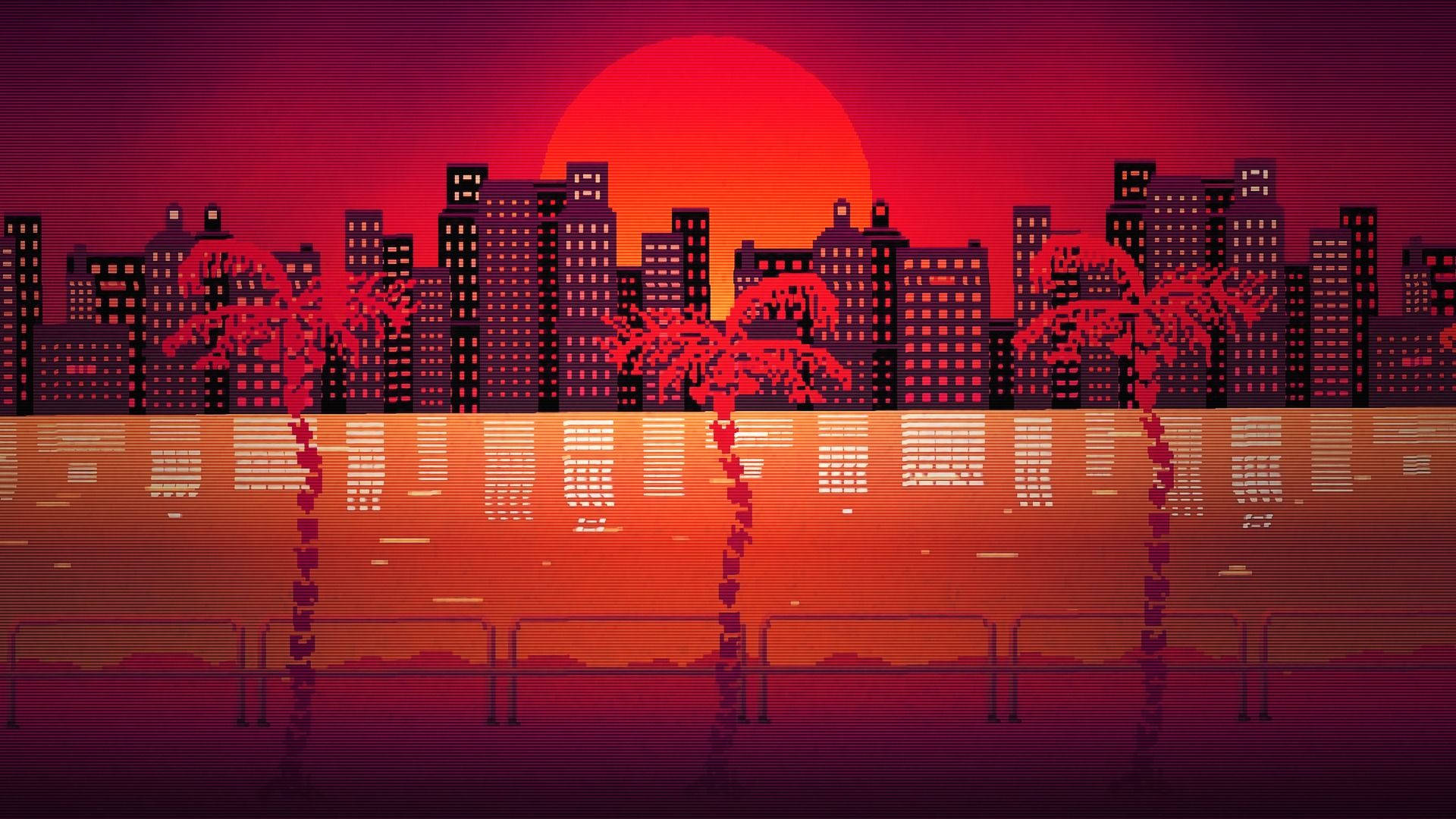 像素化城市景觀，日落時分，水面上有棕櫚樹。