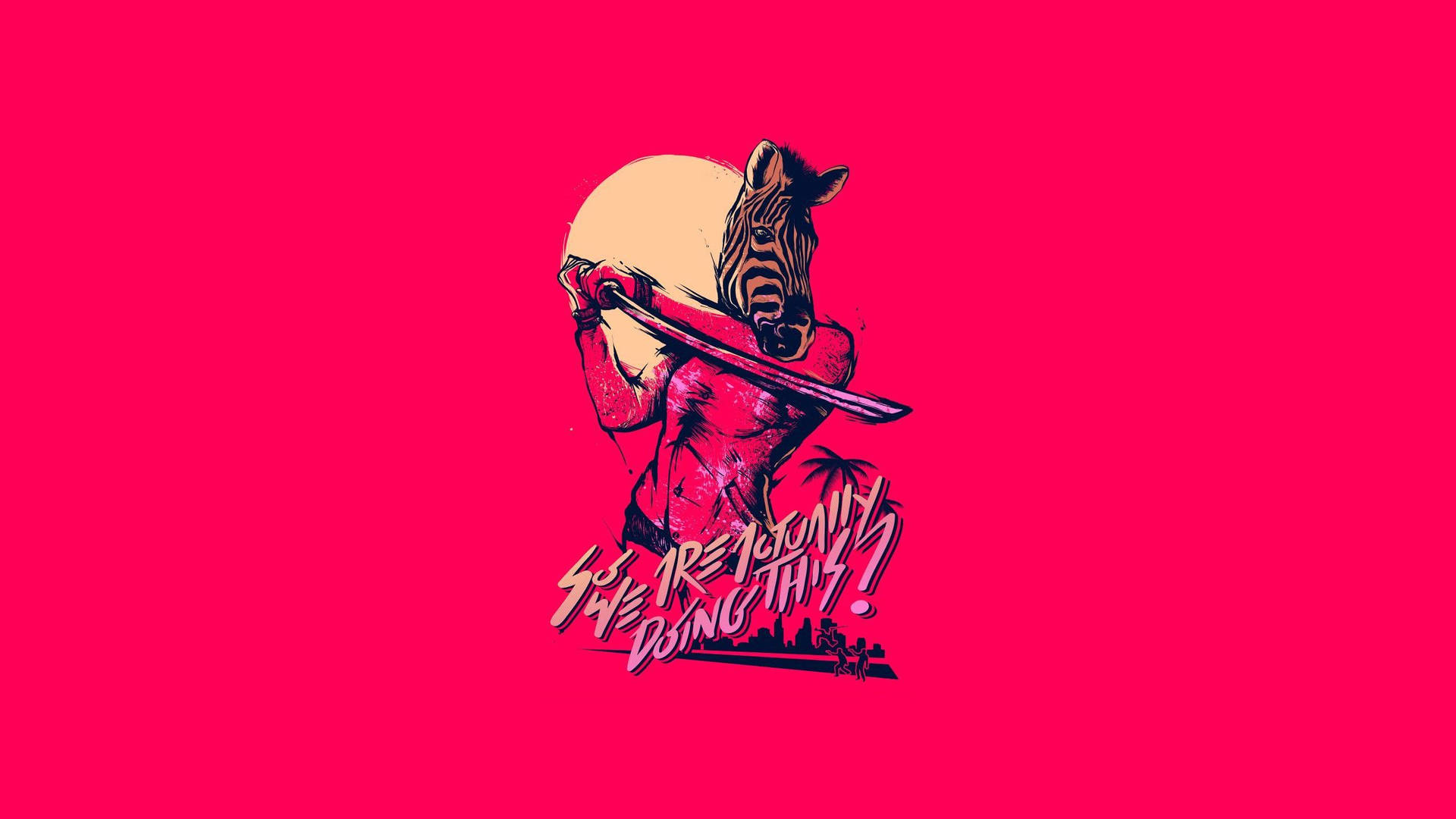 斑馬穿著武士服裝，手持劍，下方有文字，背景為粉紅色