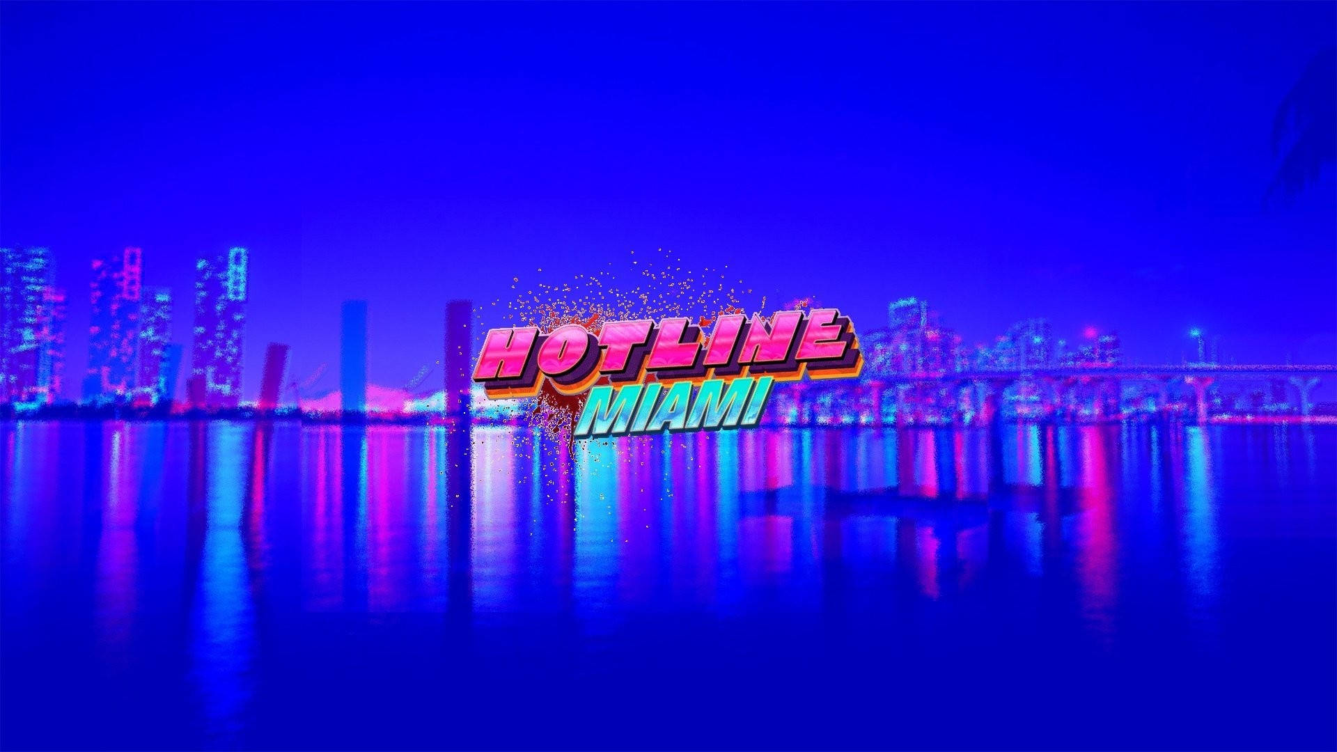 熱線邁阿密遊戲標誌 壁紙 — 充滿活力的霓虹燈 'Hotline Miami' 標誌在夜間發光的水面上反射的賽博朋克邁阿密天際線上爆炸。