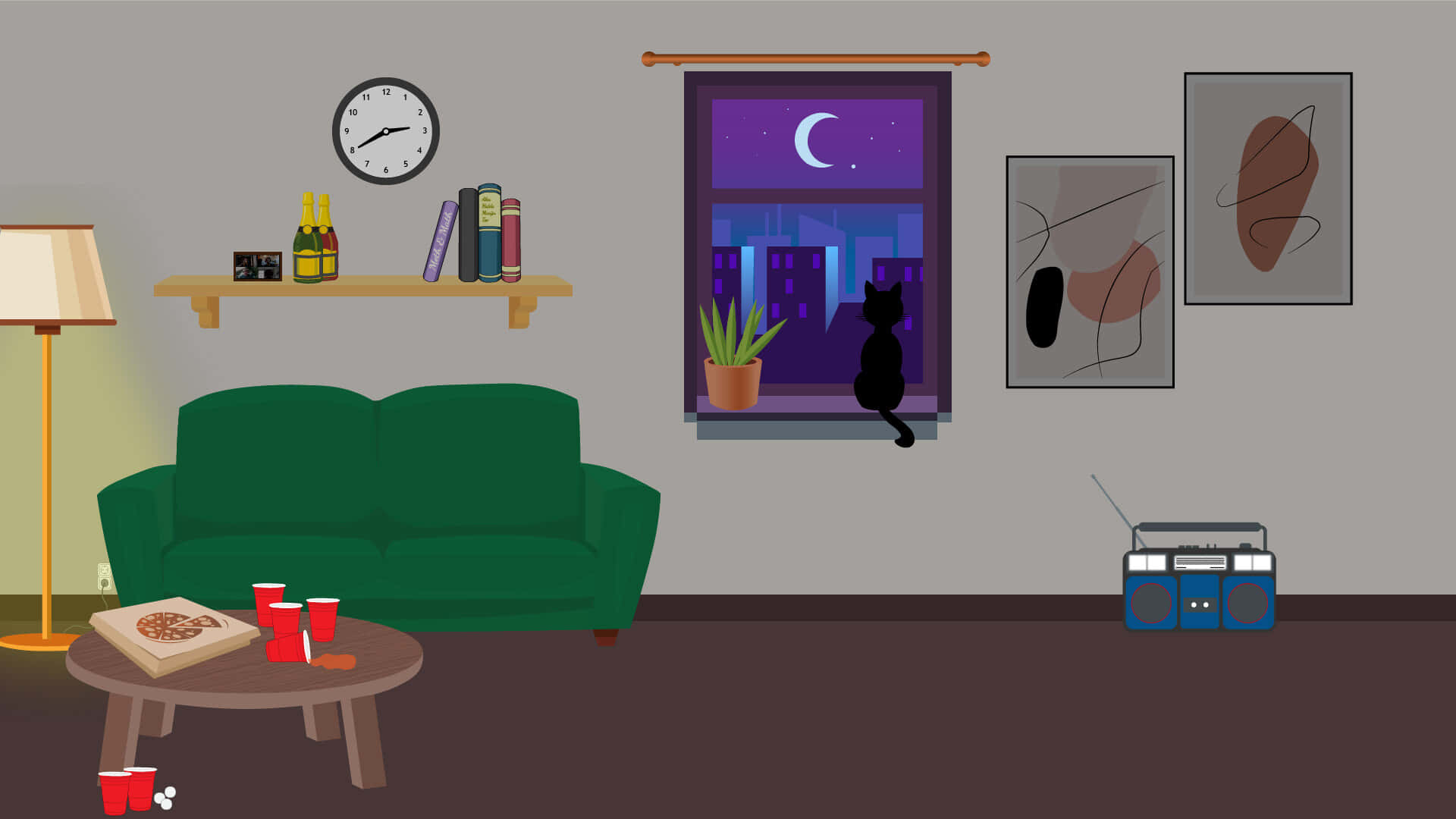 熱舞屋內派對場景 壁紙 — 客廳中一個舒適的夜晚場景，窗邊有一隻黑貓的剪影，窗外是新月下的城市景觀。