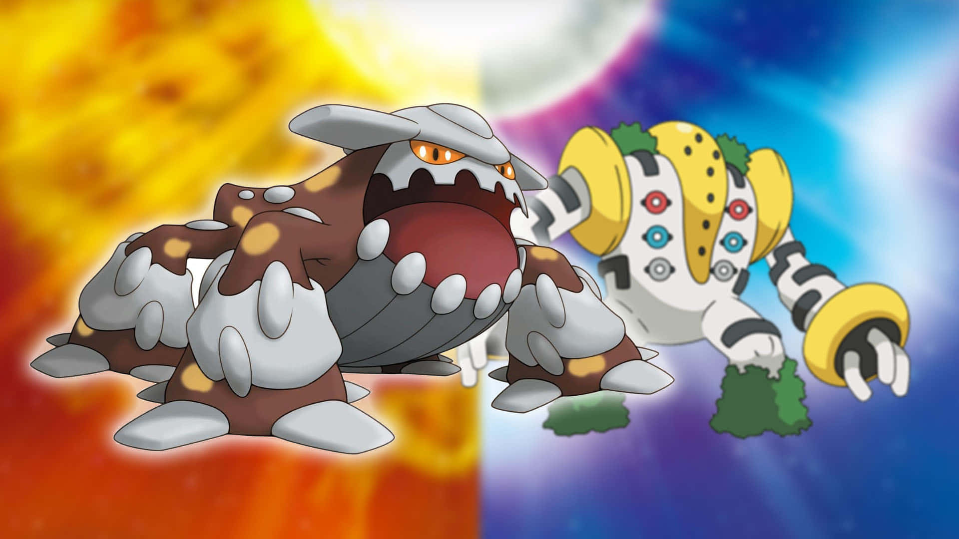 熱蘭與雷吉奇卡寶可夢插畫 壁紙 — 兩隻 Pokémon 在熾熱和宇宙背景前對峙，形成動態的動畫戰鬥場景。