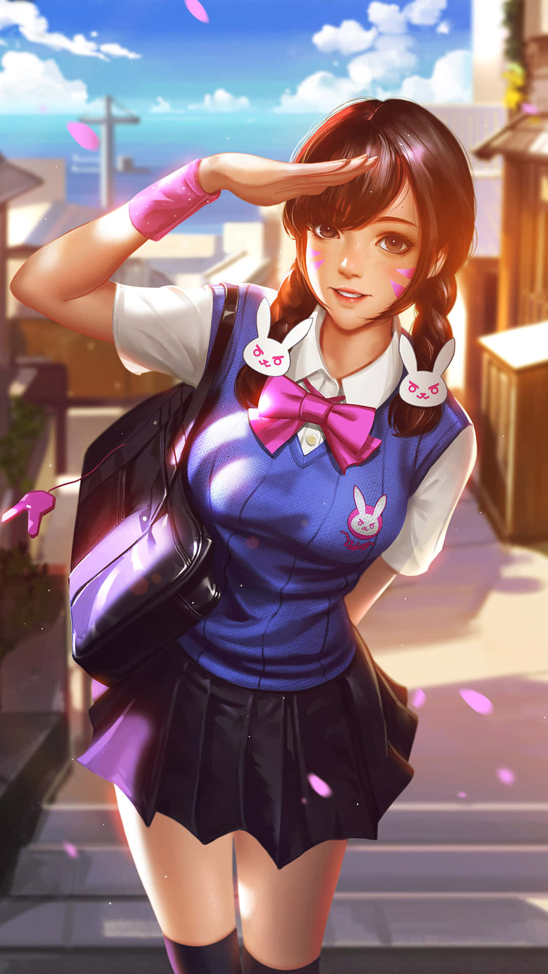 動漫女學生穿著藍色校服敬禮，粉紅色花瓣喺佢周圍飄落。