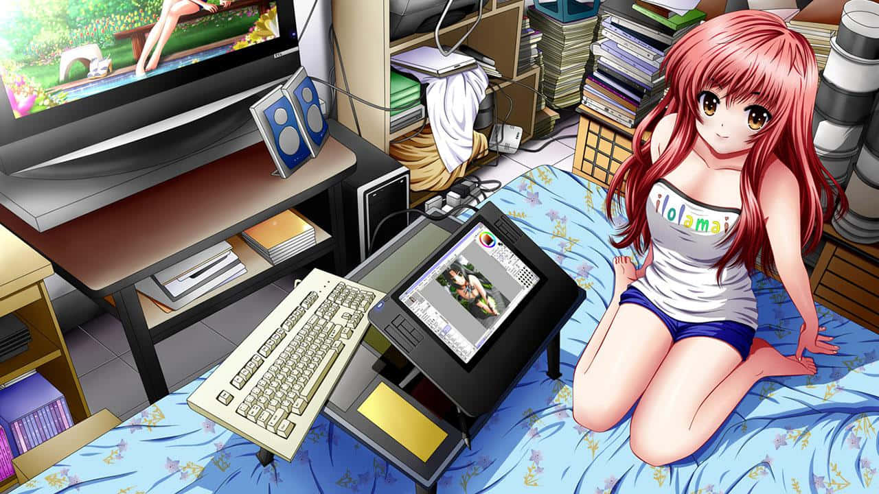 紅髮動漫女孩坐在床上，周圍是遊戲和繪畫設備。
