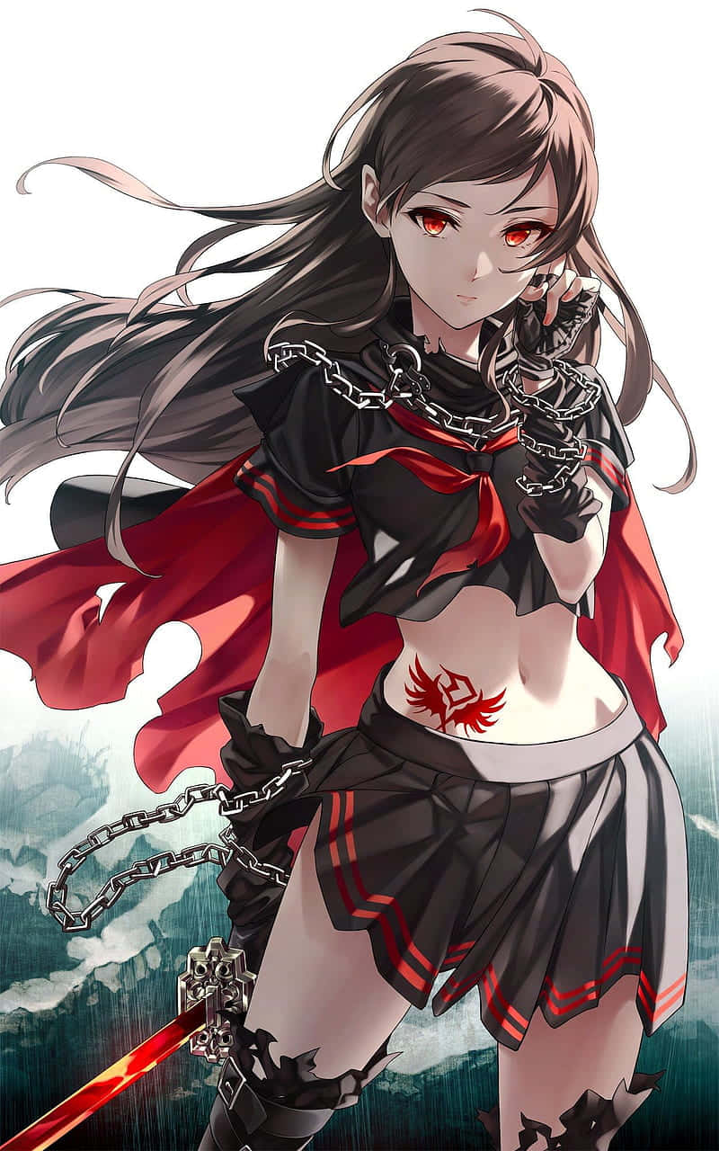 動漫女仔，紅色眼睛同鎖鏈，喺暴風雨天氣中揸住一把發光嘅劍。