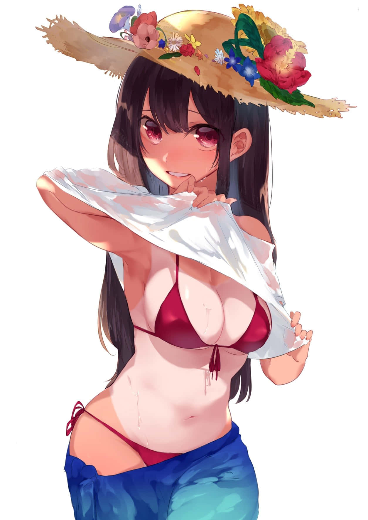 穿著紅色比基尼和花卉帽的動漫女孩舉起一塊白布。 — 動漫女孩 壁紙