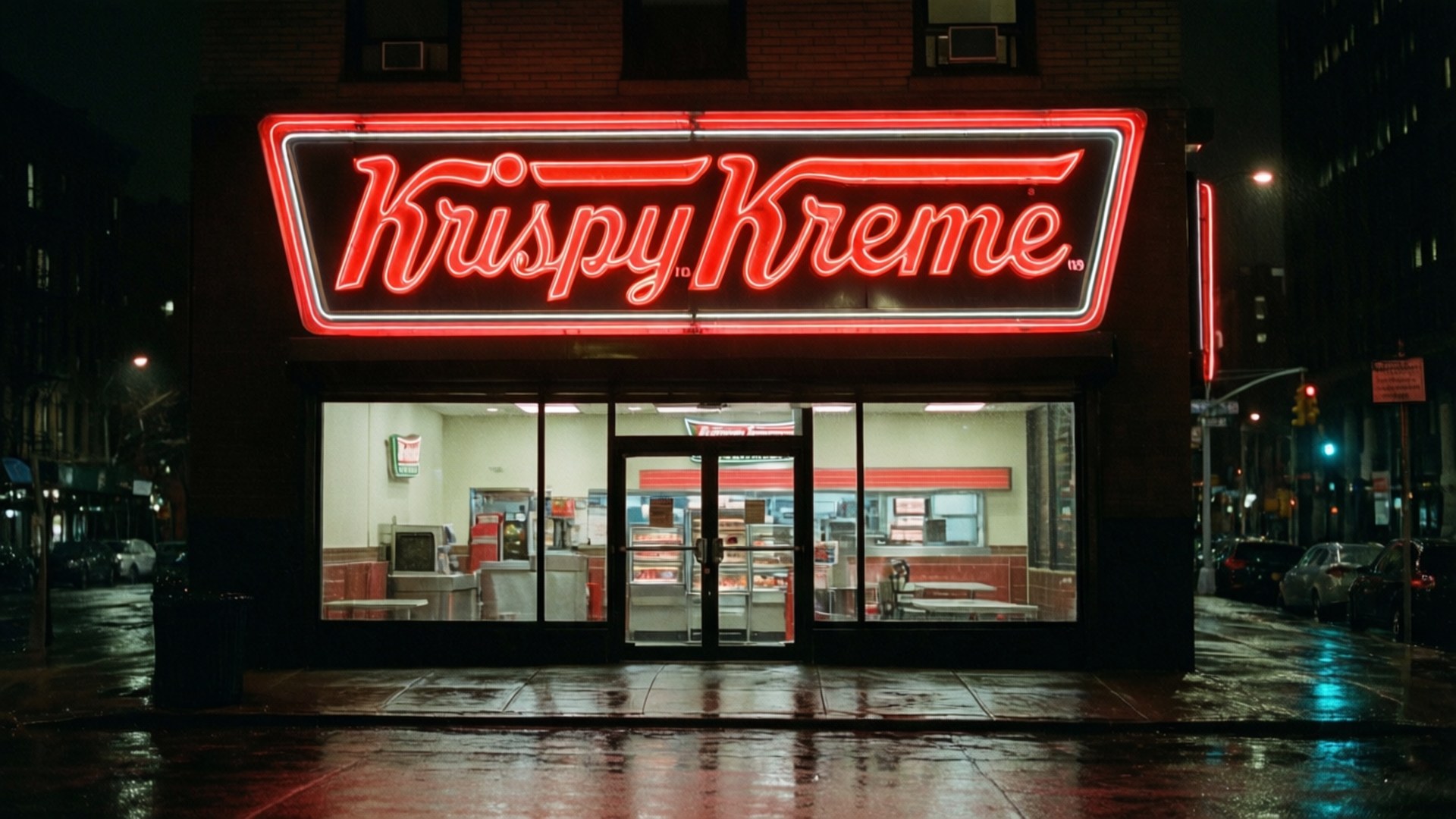 熱銷招牌夜景 壁紙 — 一個發光的紅色 Krispy Kreme 霓虹燈牌照亮了夜晚潮濕的城市街道，並反射在人行道上。