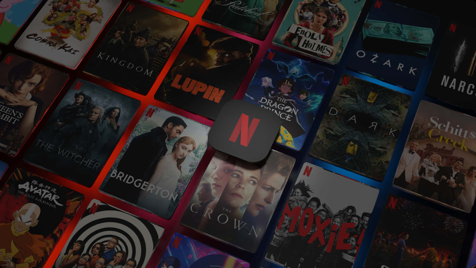 Netflix節目封面的網格，中央有紅色Netflix標誌。