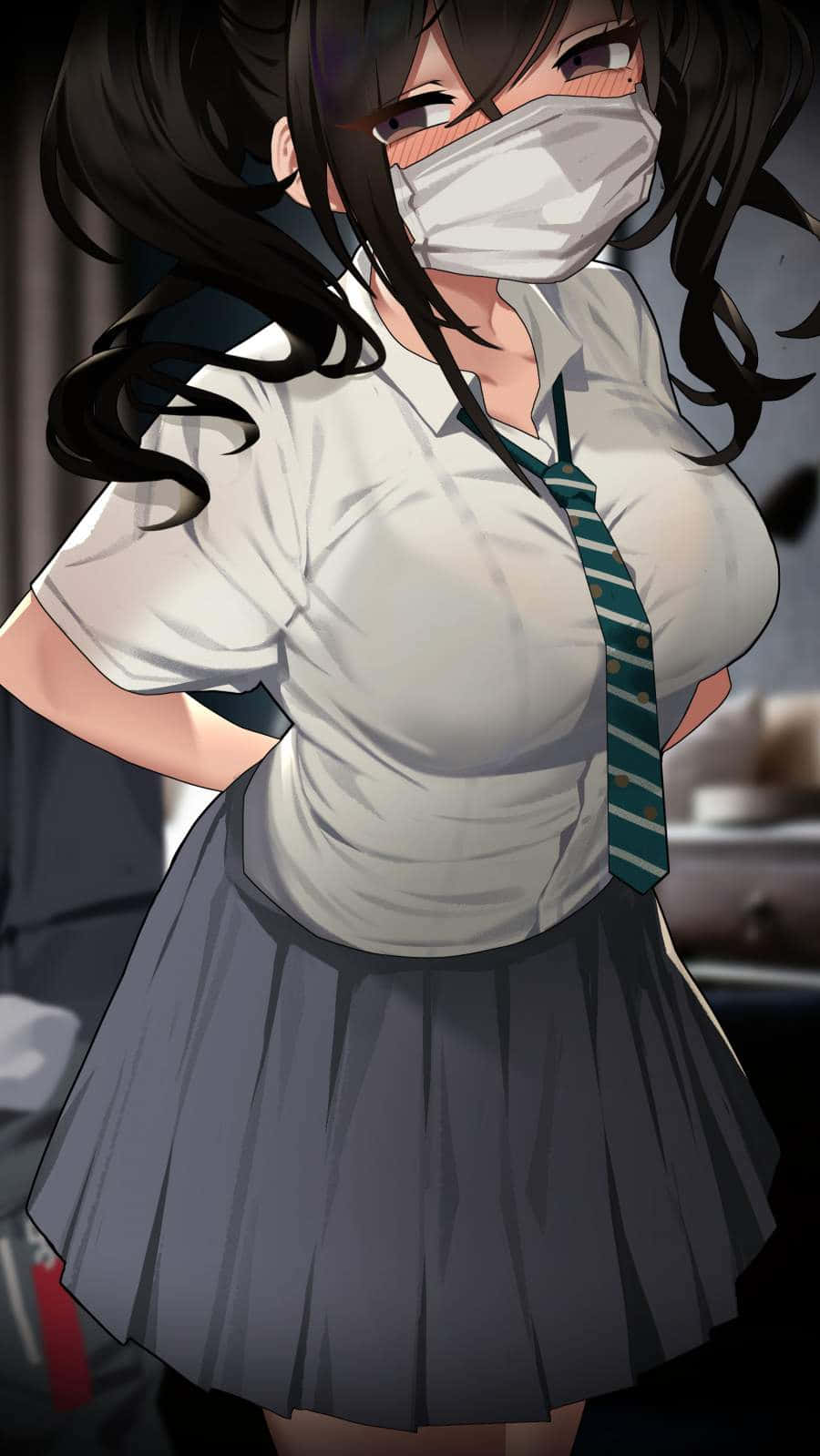 室內穿著校服戴口罩的動漫少女 — 動漫女孩 壁紙