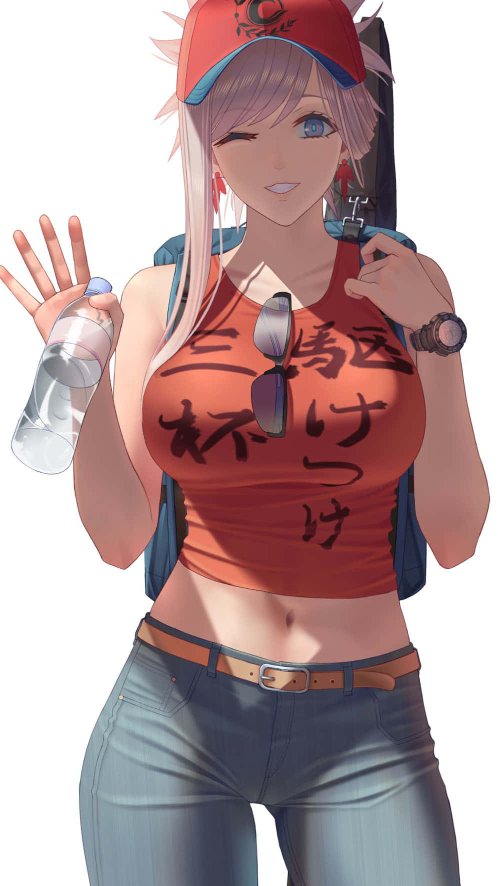 戴紅色帽子和背心的動漫女孩揮手，拿著水瓶和太陽眼鏡。