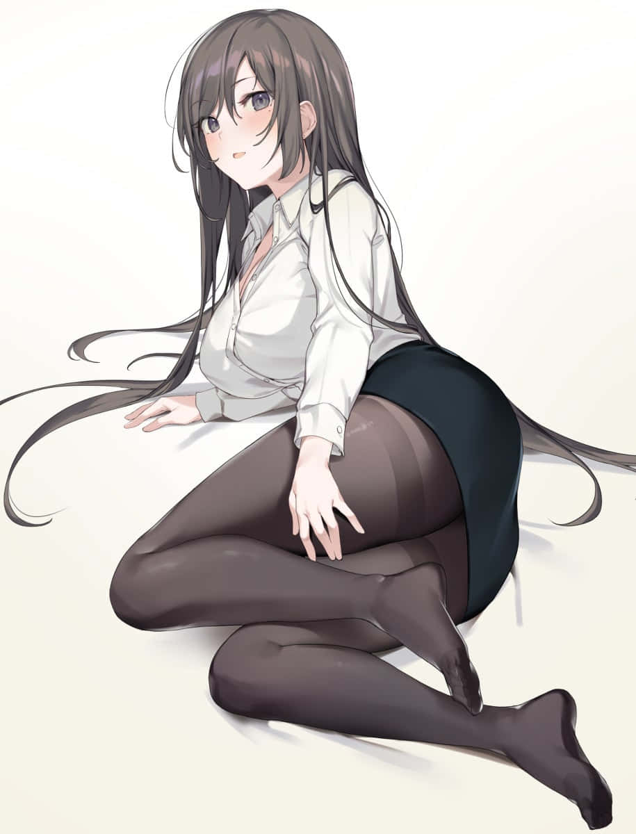 長黑髮的動漫女孩穿著白襯衫和黑裙子坐著。