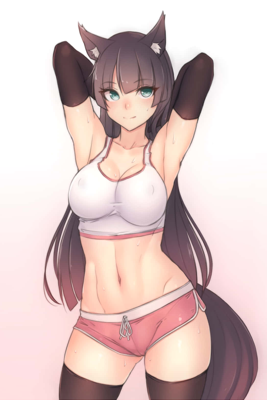 動漫少女戴著貓耳和尾巴，俏皮地伸展雙臂。 — 動漫女孩 壁紙