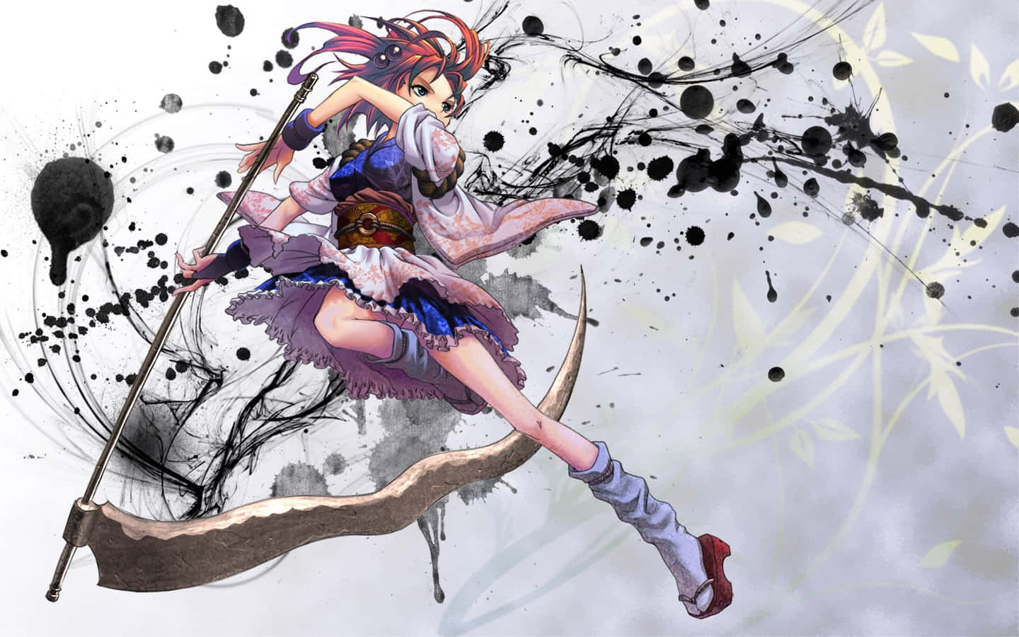 動漫女孩以動作姿勢揮舞長杖，背景有墨跡飛濺。