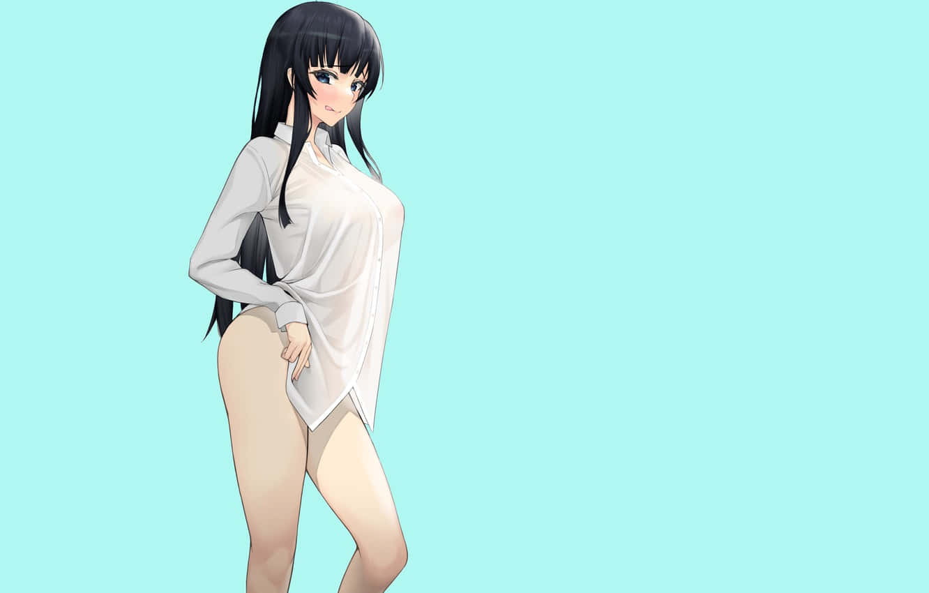 動漫女孩，黑髮，白色襯衫，在藍色背景前擺姿勢。 — 動漫女孩 壁紙