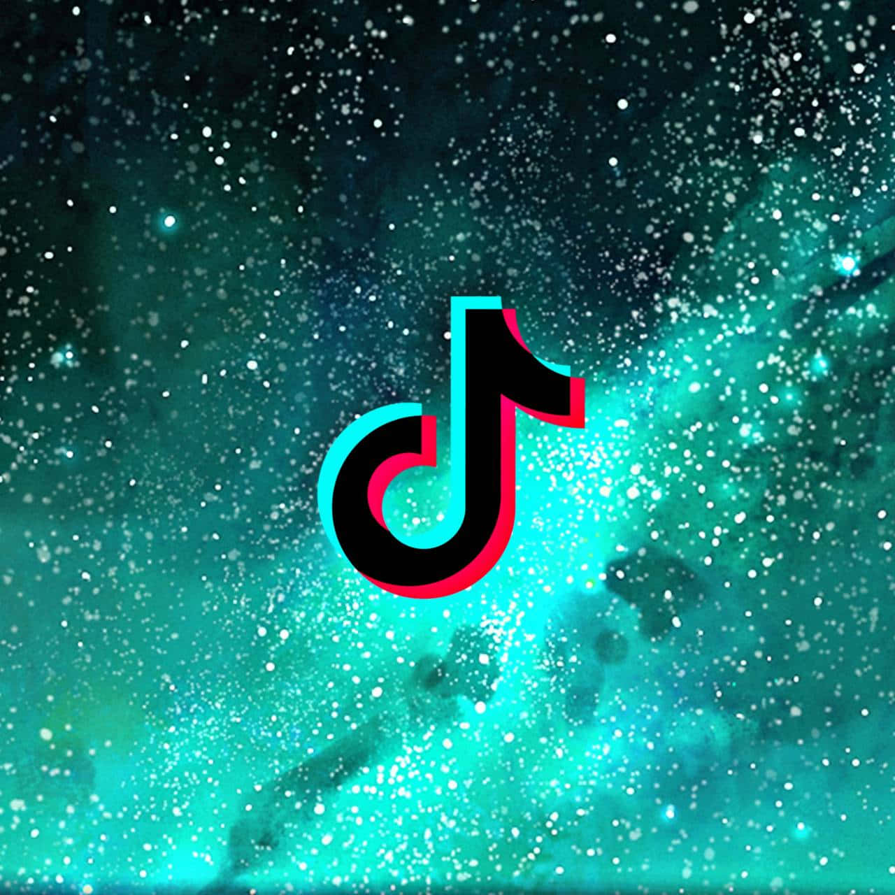 TikTok 標誌帶有紅色和青色輪廓，背景為閃爍的藍綠色太空。