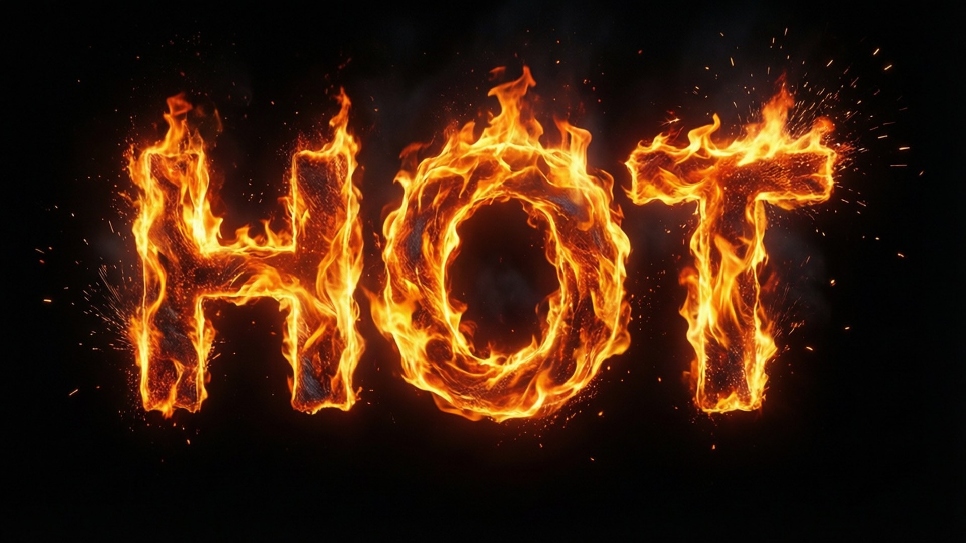 由咆哮的火焰和火花組成的「HOT」一詞，背景為黑色。