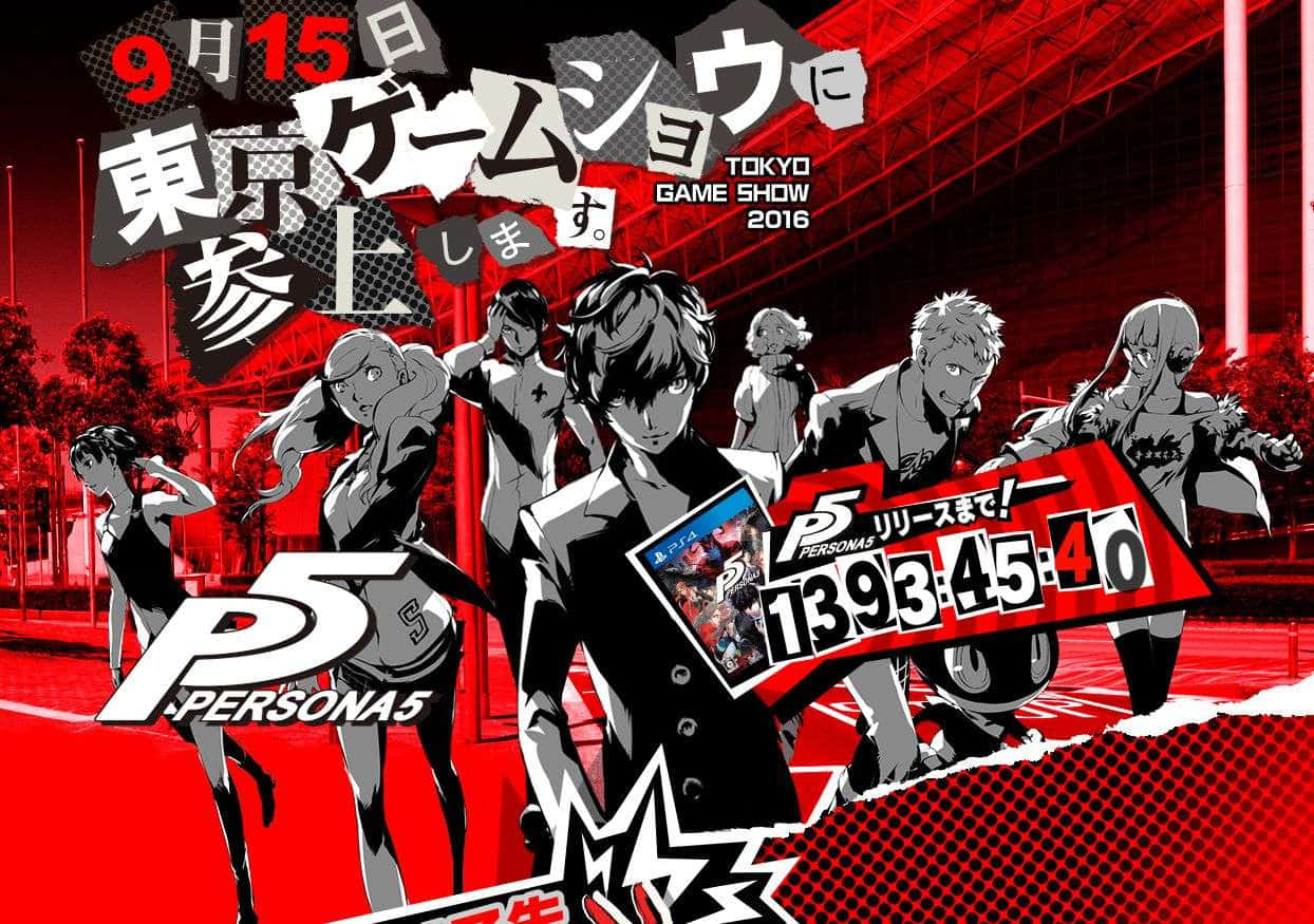熱門遊戲《女神異聞錄5》的經典標誌 壁紙 — 一張充滿動感的《女神異聞錄5》動畫海報，黑白角色襯托大膽紅色背景，附有倒數計時器和東京電玩展文字。