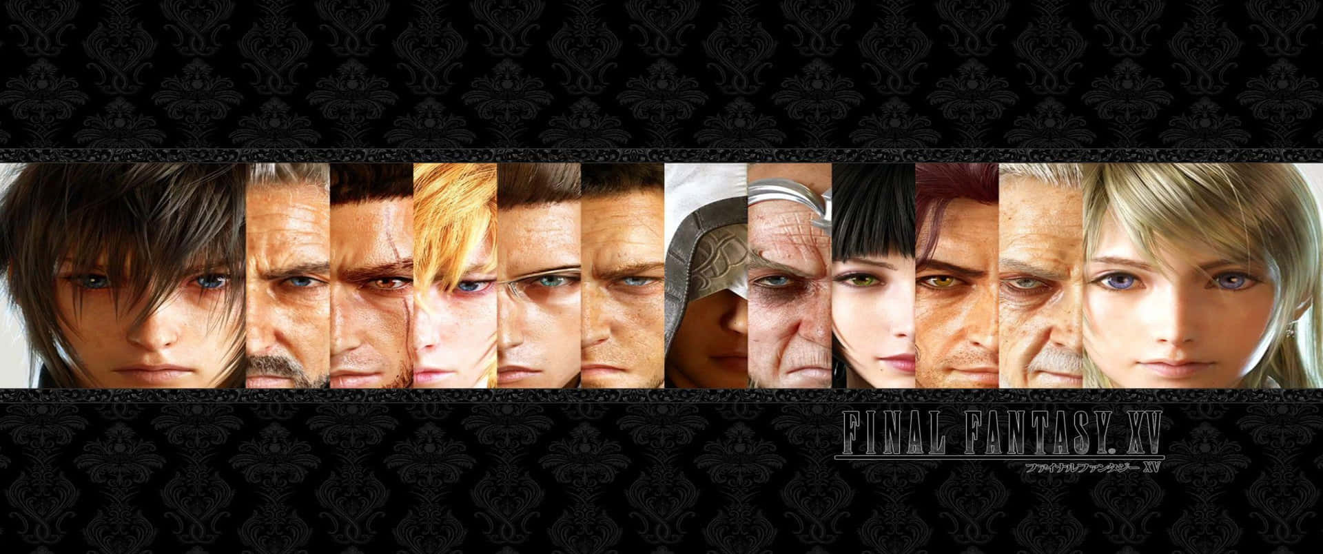 黑色錦緞牆紙上的《Final Fantasy XV》角色肖像。