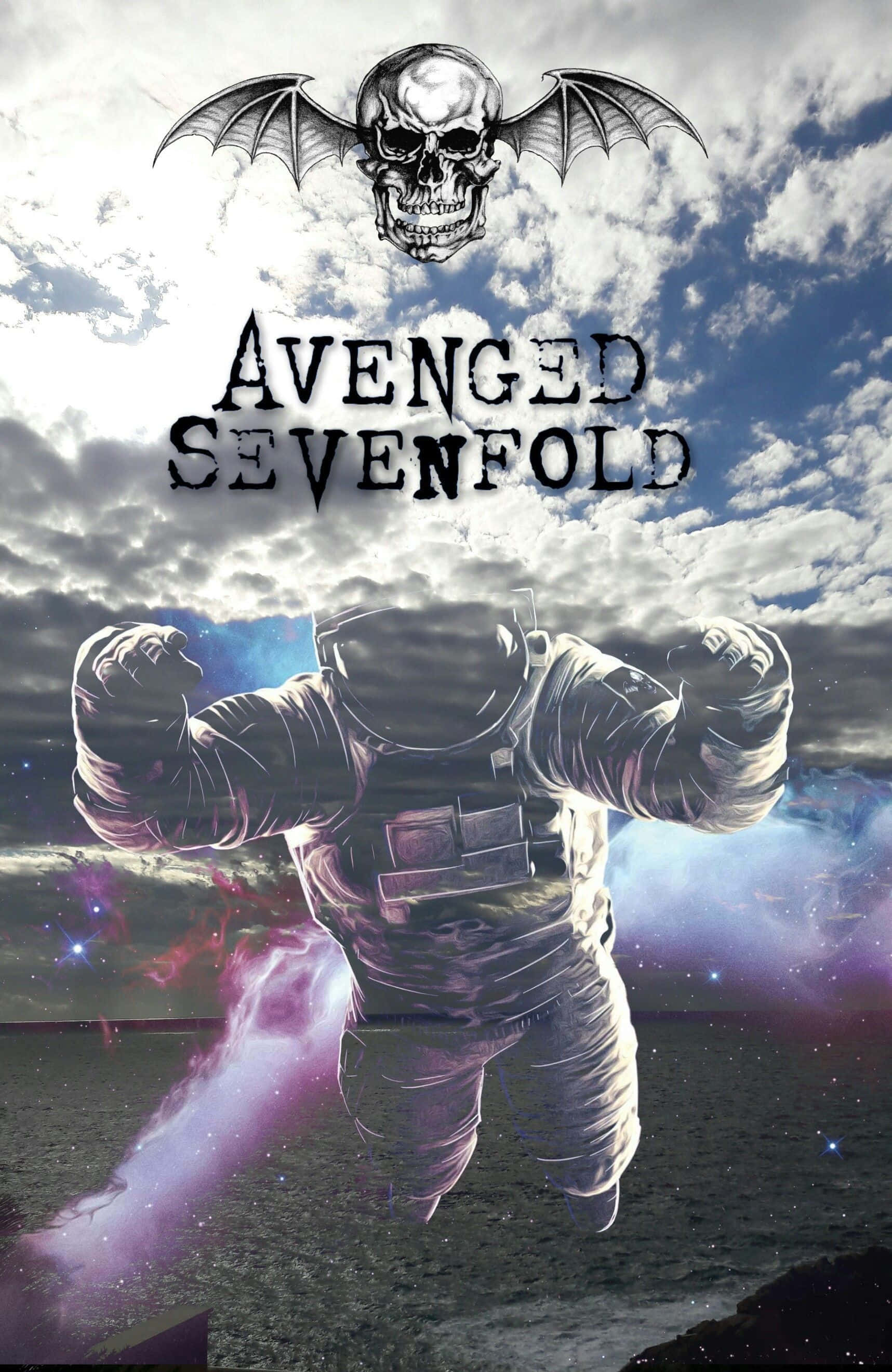 熱門重金屬樂團 Avenged Sevenfold 壁紙 — 一個肌肉發達的太空人穿著太空衣，漂浮在宇宙星雲之上，上方有一個蝙蝠翅膀骷髏標誌，背景是多雲的天空。