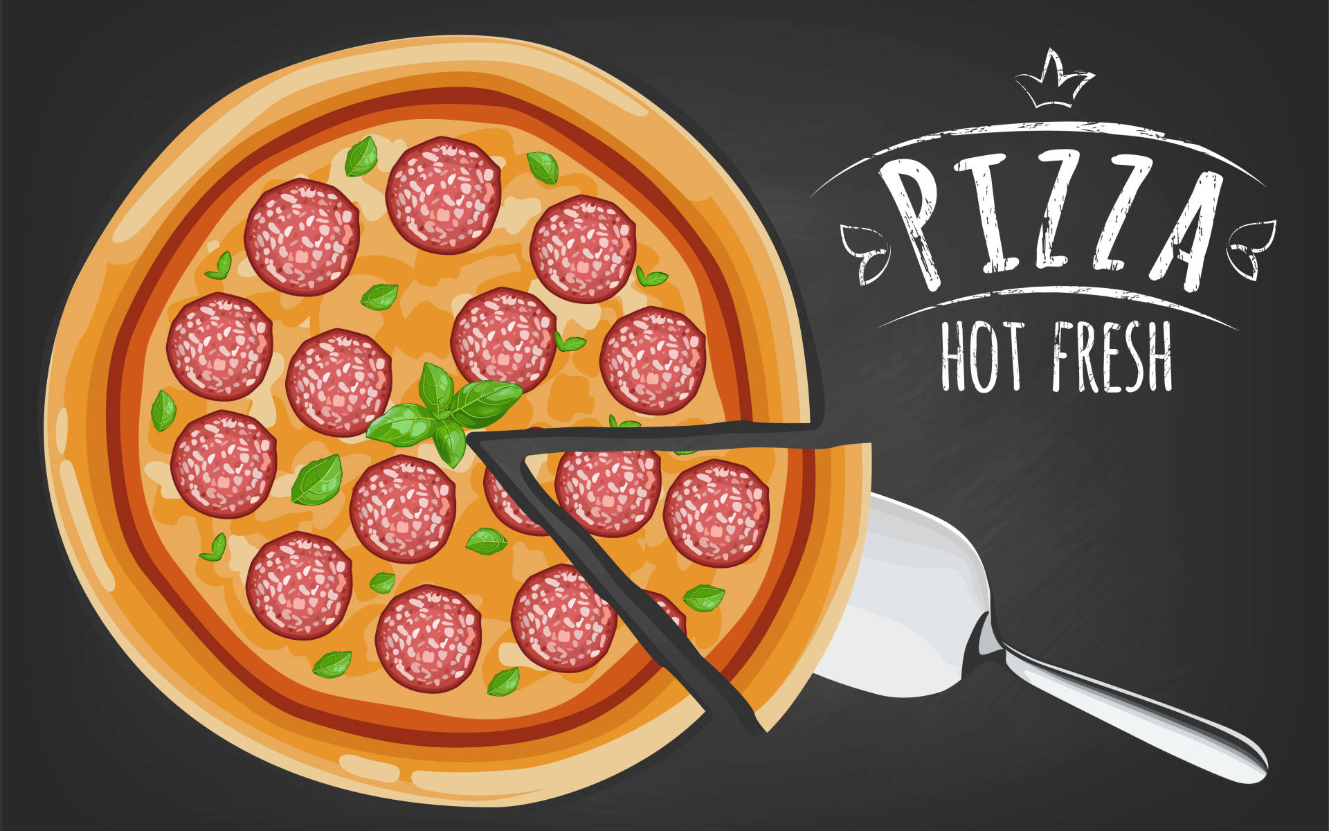在黑板上帶有「Pizza Hot Fresh」文字的卡通薄餅，上面有意大利辣香腸和羅勒。