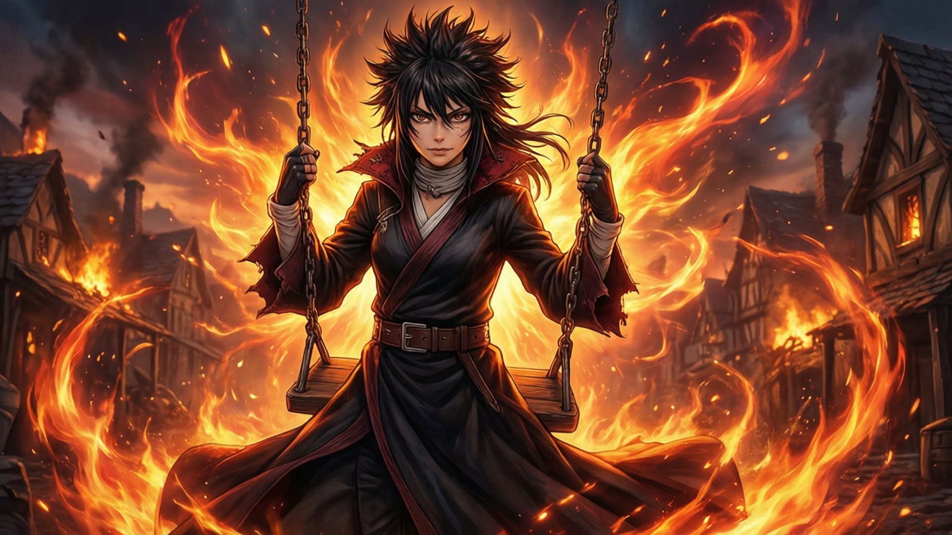 動漫戰士在燃燒的村莊中坐在火焰鞦韆上，黃昏時分
