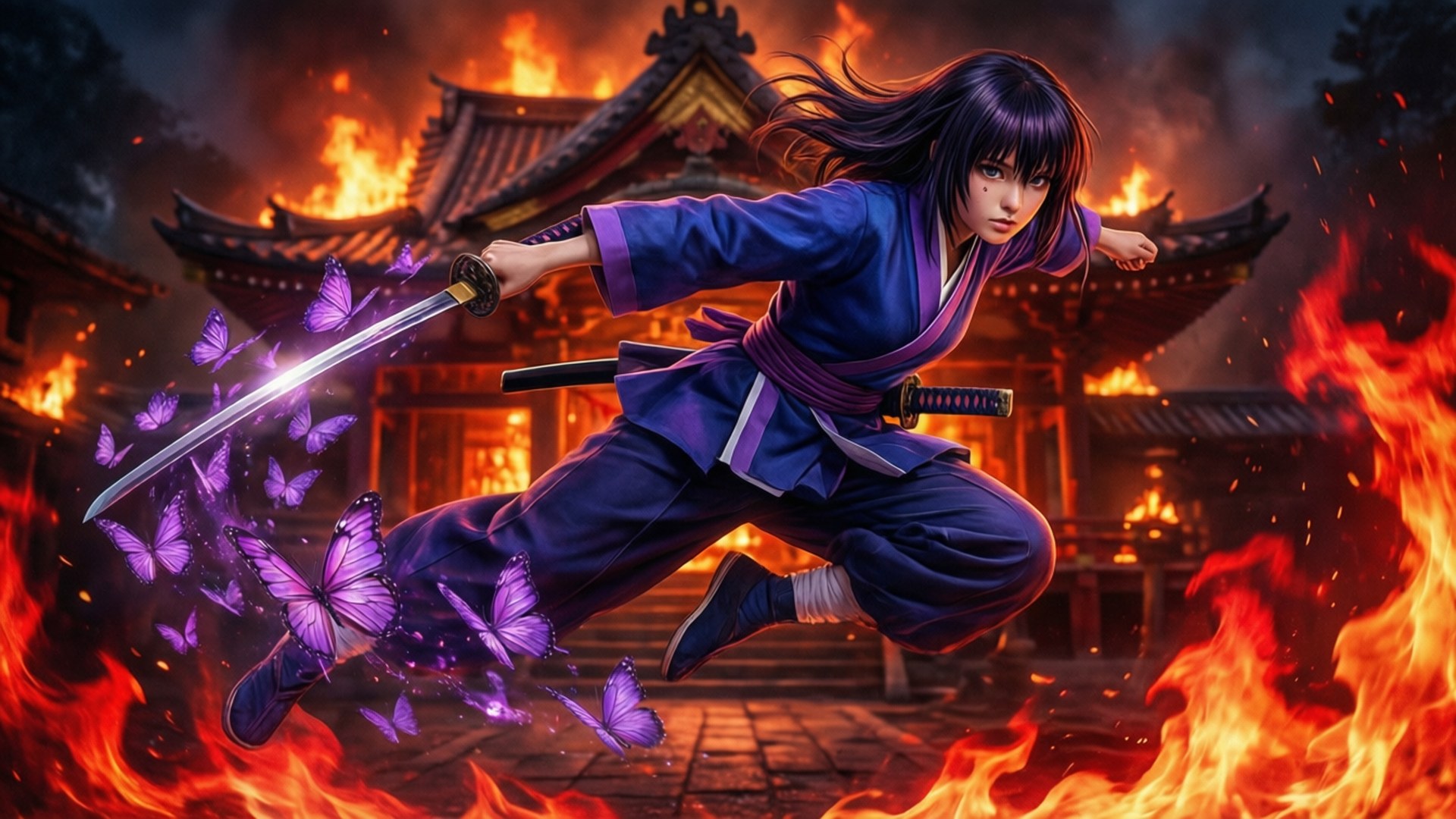 熾焰突襲 壁紙 — 一位身穿藍色長袍的武士戰士躍過火焰，揮舞著發光的劍，周圍環繞著紫色蝴蝶，背景是一座燃燒的寺廟。
