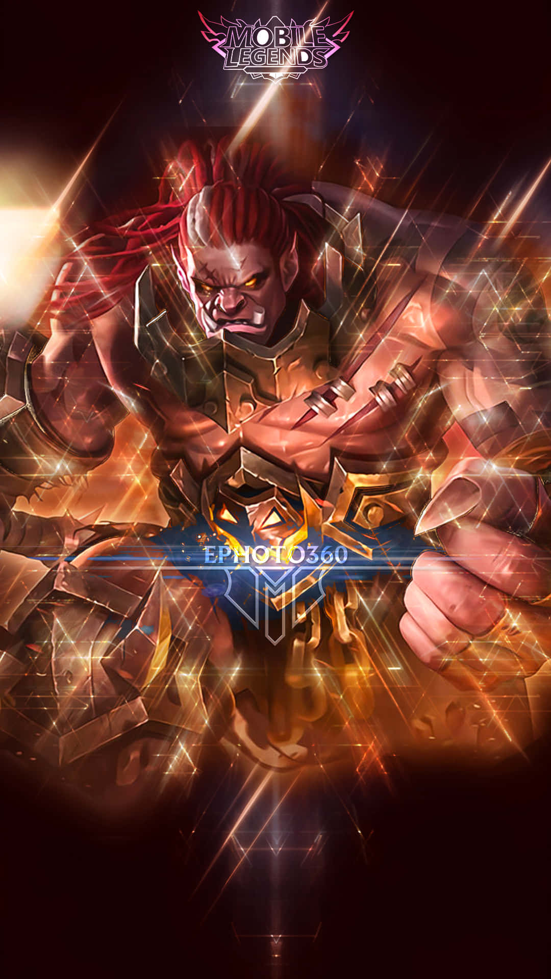熾熱光暈巴爾蒙德《Mobile Legends》 壁紙 — 一個兇猛的紅髮戰士身穿金色盔甲，雙眼發光咆哮，周圍環繞著耀眼的光效。