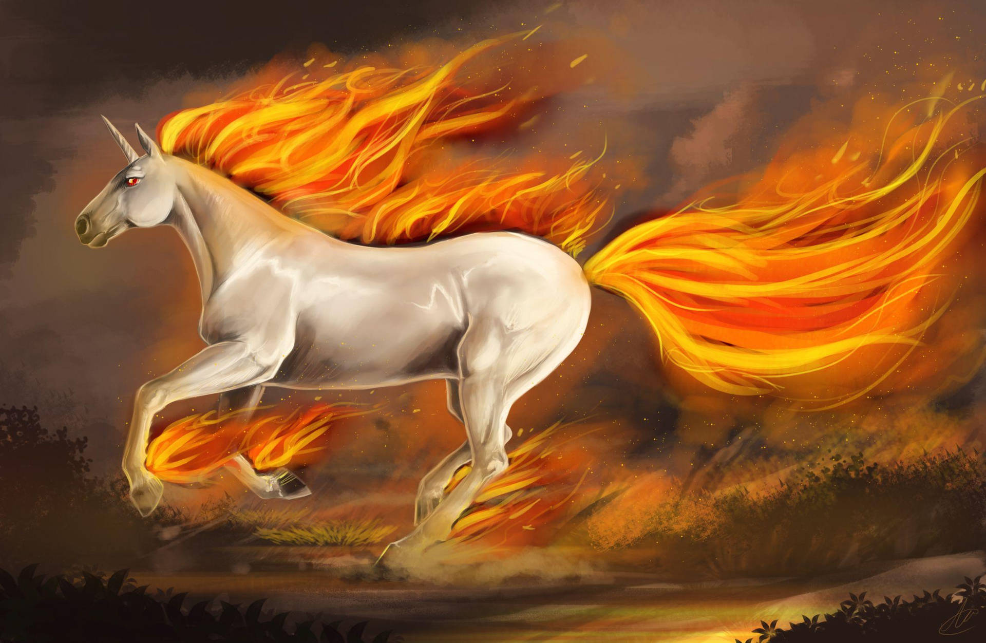 熾熱寶可夢Ponyta 壁紙 — 一匹雄偉的白色獨角獸在煙霧瀰漫的黃昏天空中奔馳，鬃毛和尾巴如火焰般燃燒。