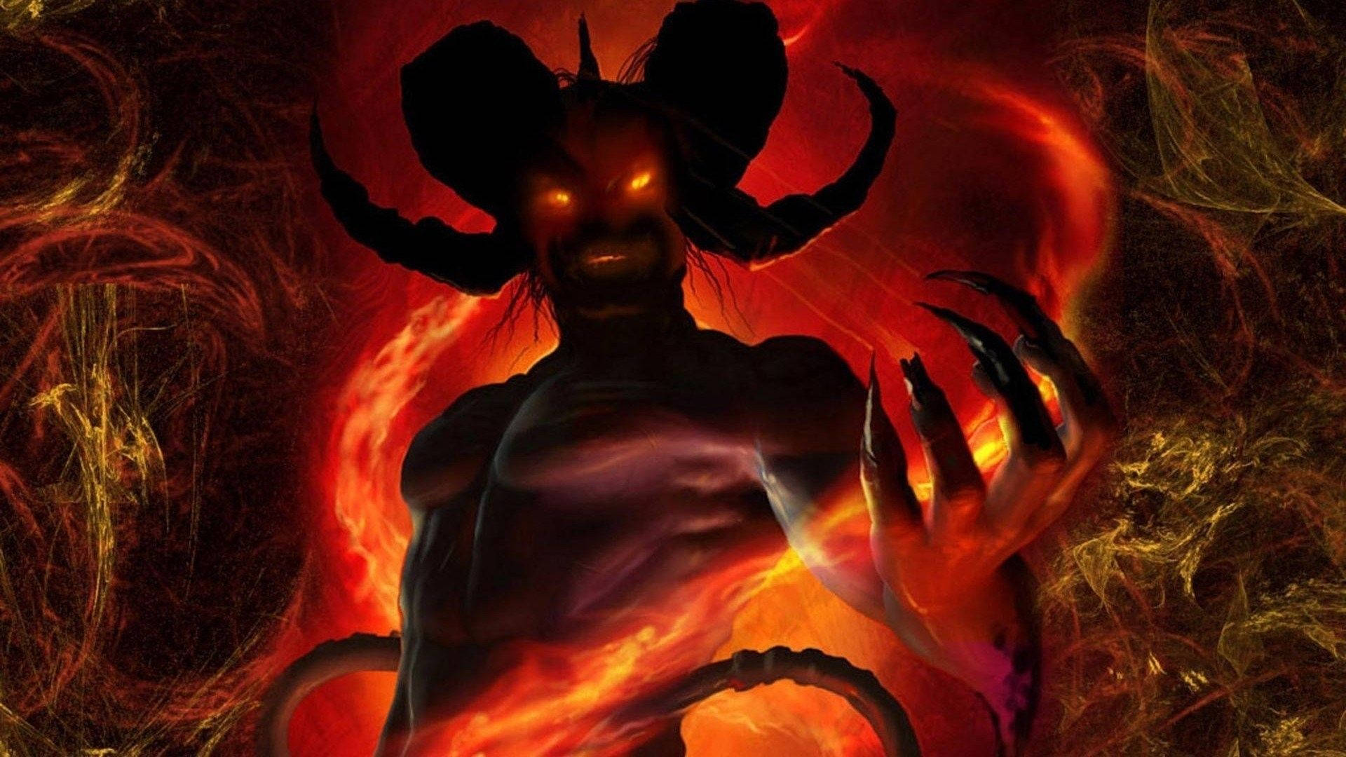 被火焰包圍的發光眼睛和利爪的火焰惡魔。