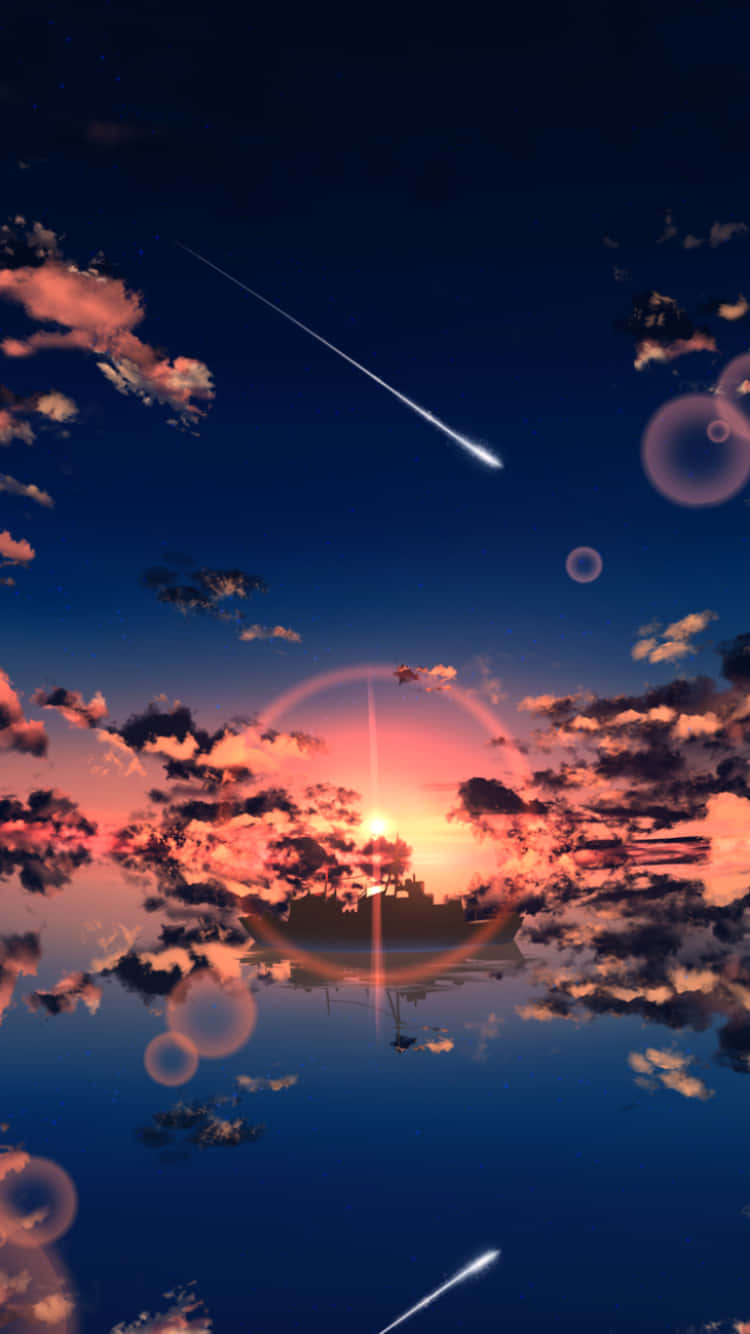 超現實的日落天空，流星和發光球體倒映在水中。