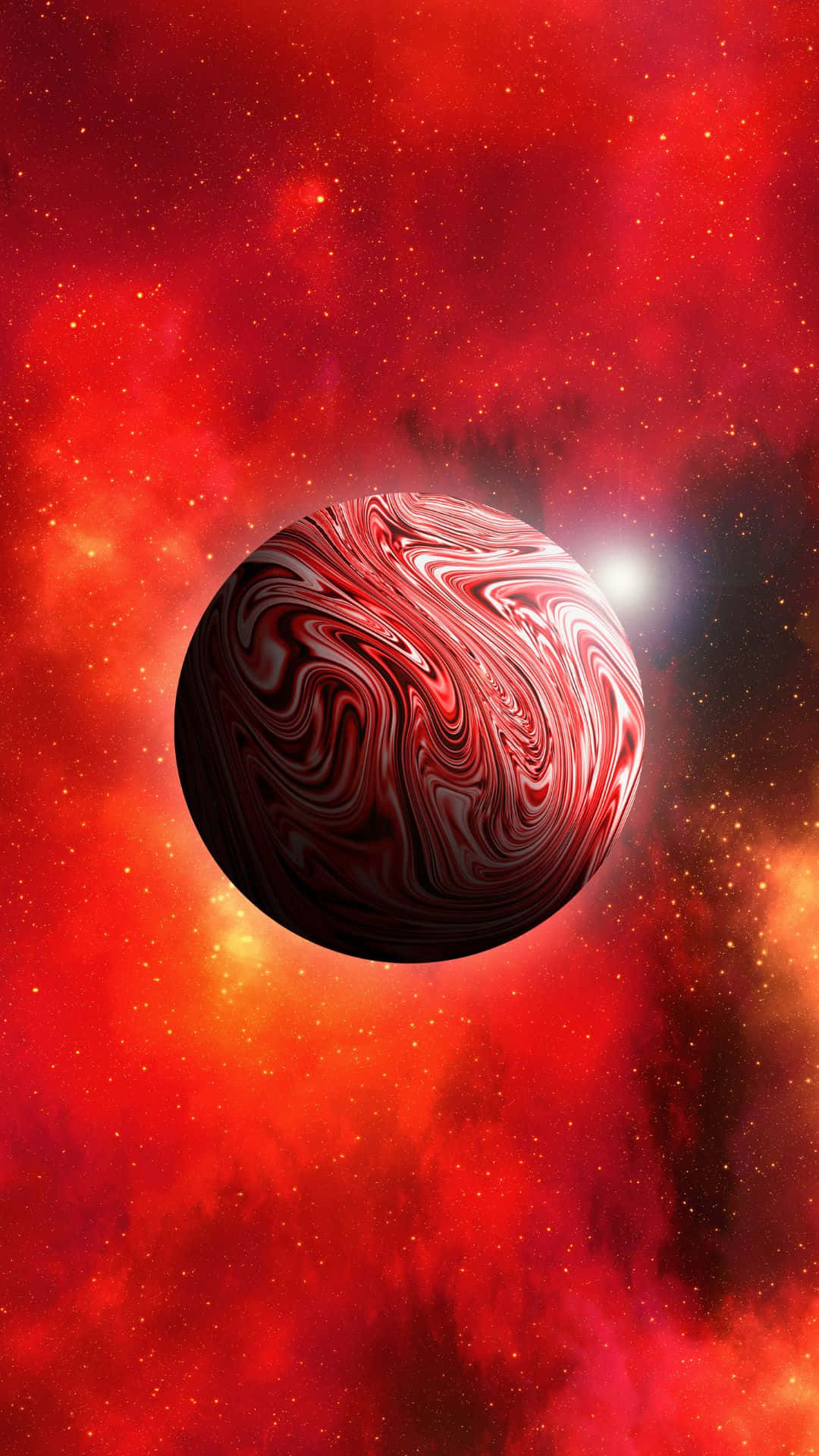 一個旋轉的紅白行星在熾熱的宇宙星雲中，伴隨著閃爍的星星。