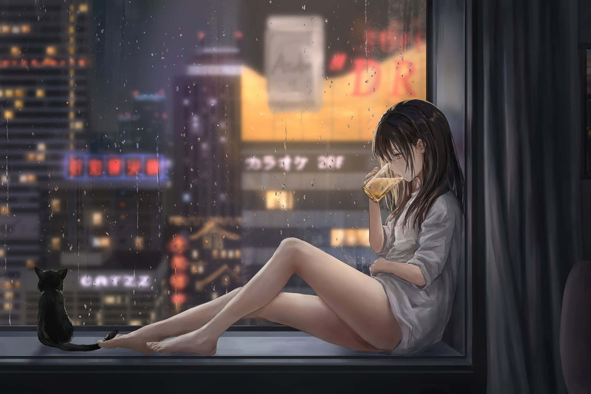 女性與貓在雨痕斑斑的窗邊喝茶，俯瞰夜晚的城市燈光。
