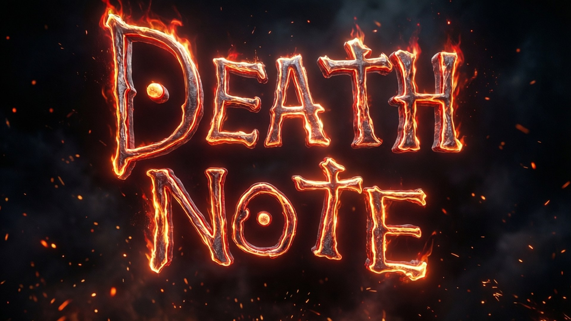 熾熱死亡筆記標誌 壁紙 — 「DEATH NOTE」這幾個字以火橙色的字母在黑暗煙霧背景中燃燒，伴隨著飛舞的火星。