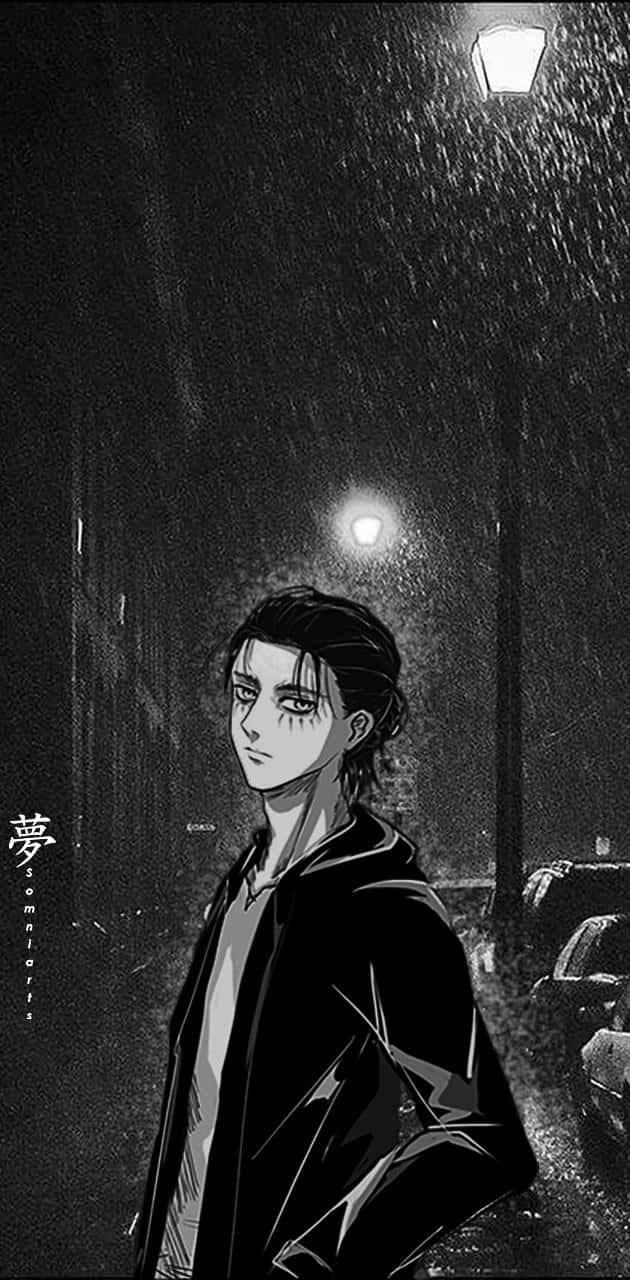 「熾熱決心 - 艾倫·耶格爾頭像」 壁紙 — 一個孤獨的動漫角色站在被雨水打濕的路燈下，身處陰鬱的黑白城市夜景中。