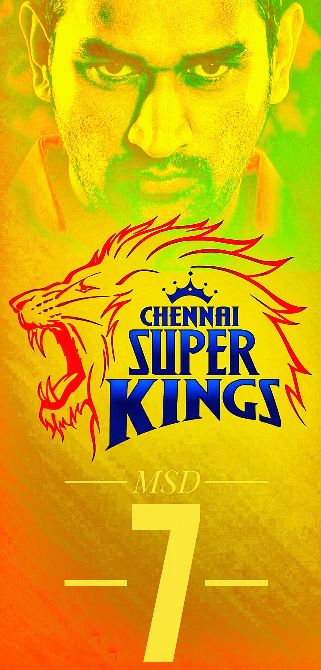 csk 2021 桌布 壁紙 — 熾熱漸變背景，特寫板球手MS Dhoni，下方有清奈超級國王隊標誌及數字7。