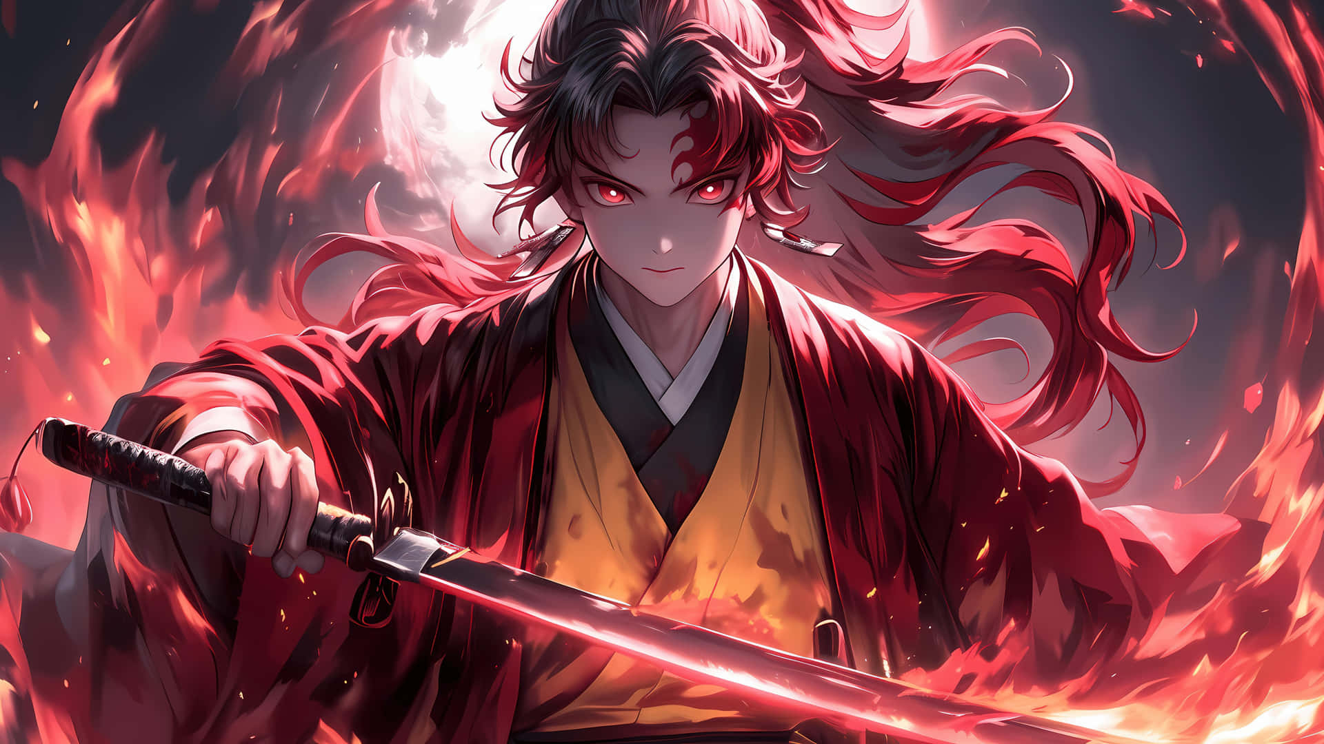 紅髮發光眼睛的武士戰士，手持劍，被火焰包圍。
