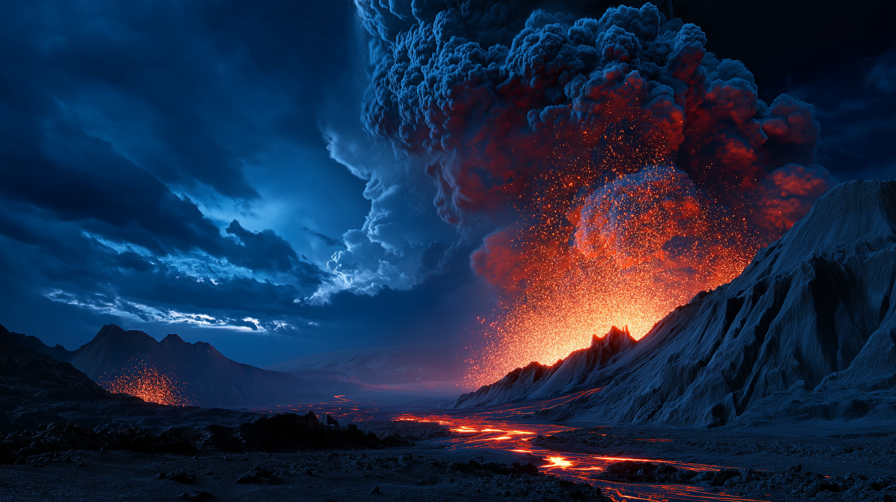 熾熱火山爆發 壁紙 — 崎嶇山脈上空，深藍色夜空中，火山爆發，噴出熾熱熔岩和發光火山灰。