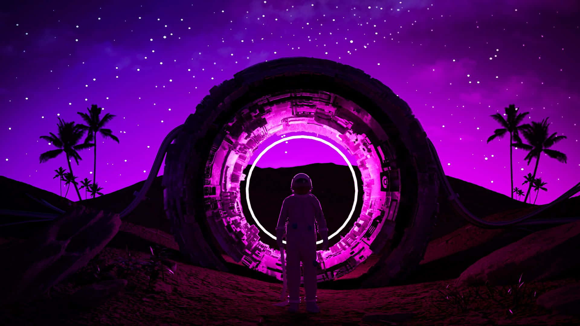 太空人在星空下棕櫚樹環繞的沙漠中面對發光的紫色蟲洞。